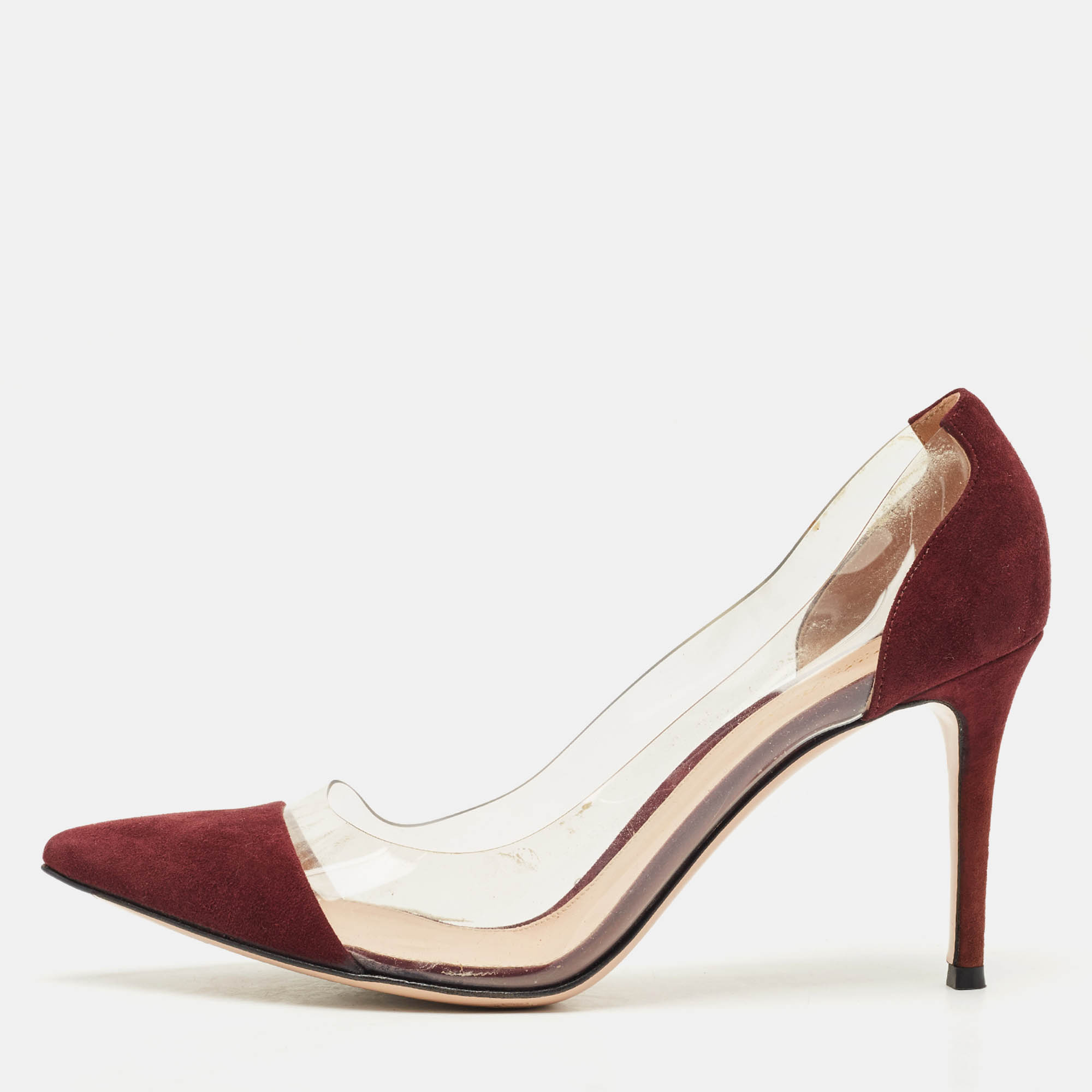 

Gianvito Rossi Burgundy/Transparent Suede and PVC Plexi Pumps Size