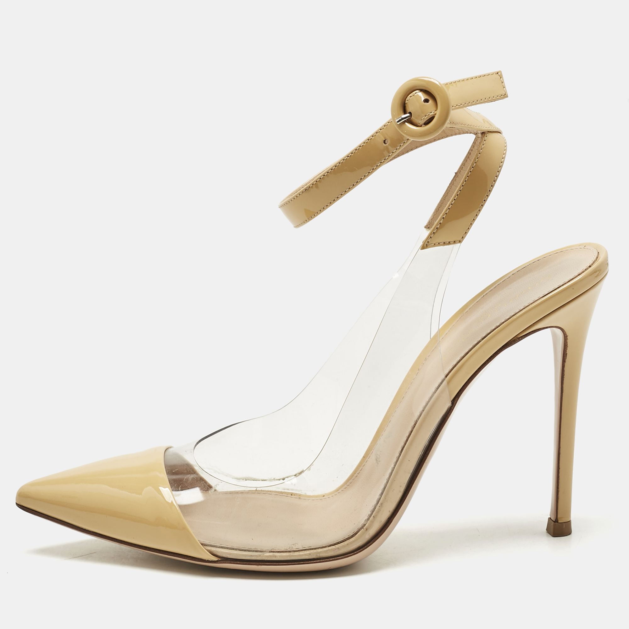 Pre-owned Gianvito Rossi Beige/transparent Leather And Pvc Anise Pointed Toe Ankle Strap Sandals Size 39