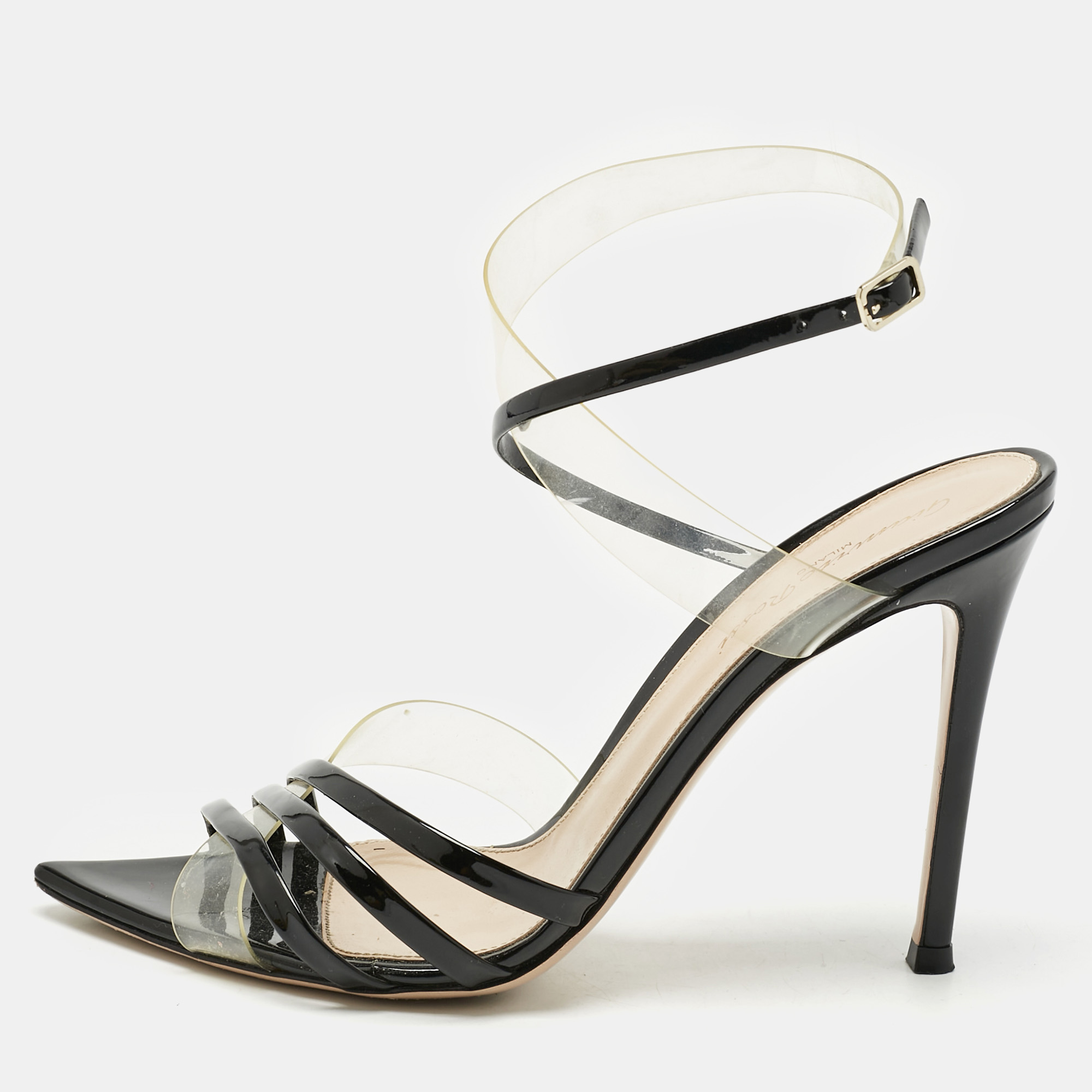 Pre-owned Gianvito Rossi Black/transparent Pvc And Patent Leather Kim Ankle Strap Sandals Size 38