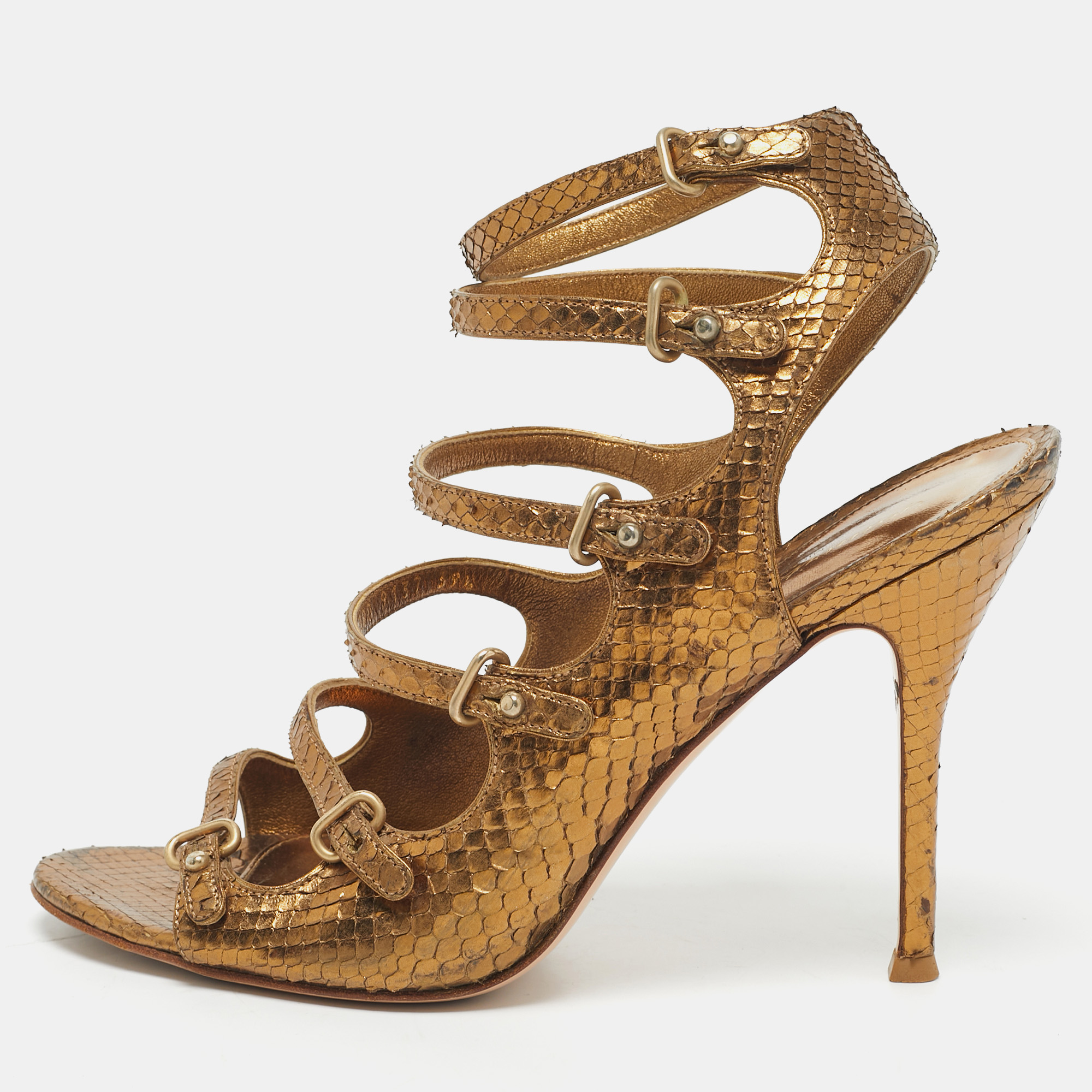 

Gianvito Rossi Gold Snakeskin Strappy Sandals Size
