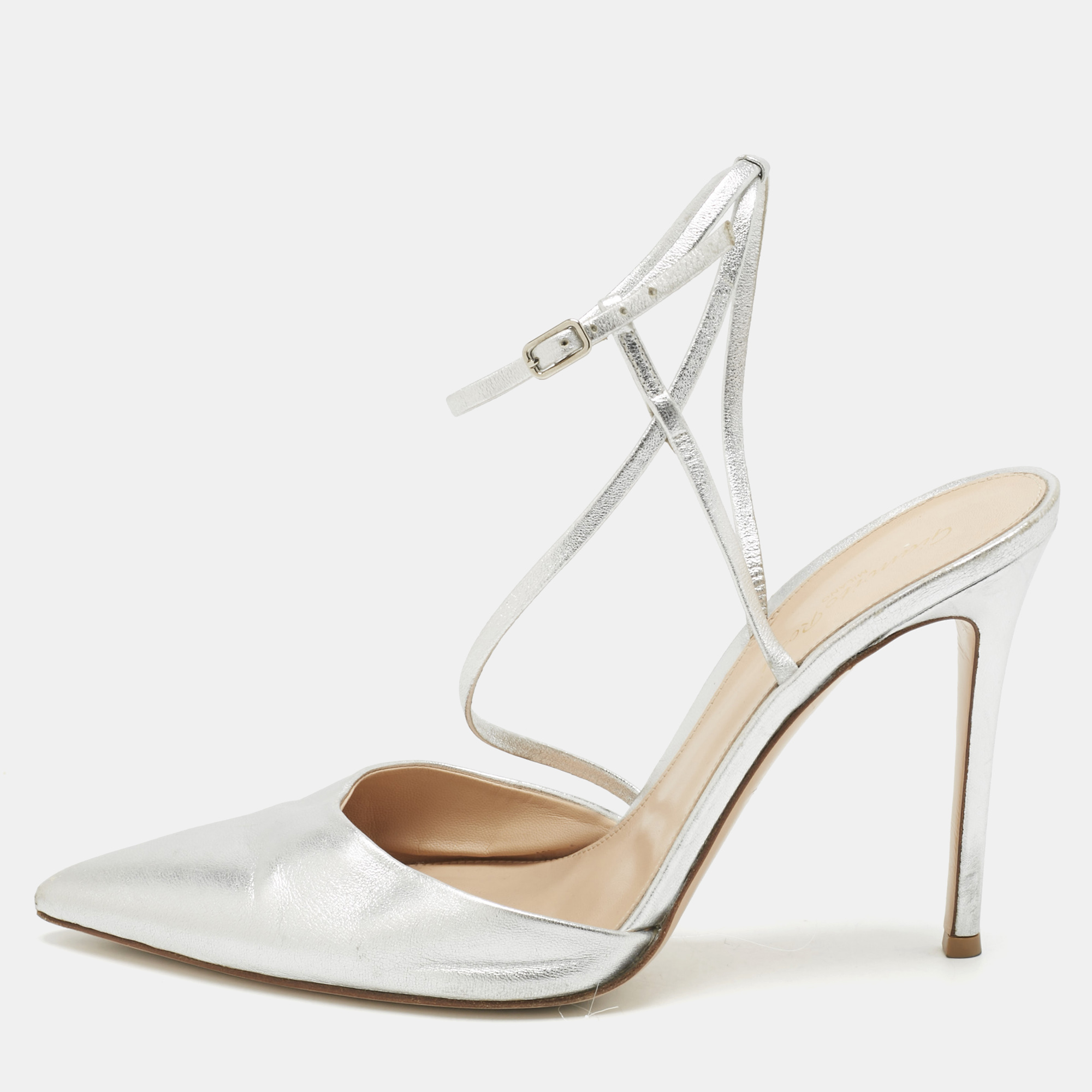 

Gianvito Rossi Silver Leather Pointed Toe Ankle Strap Pumps Size