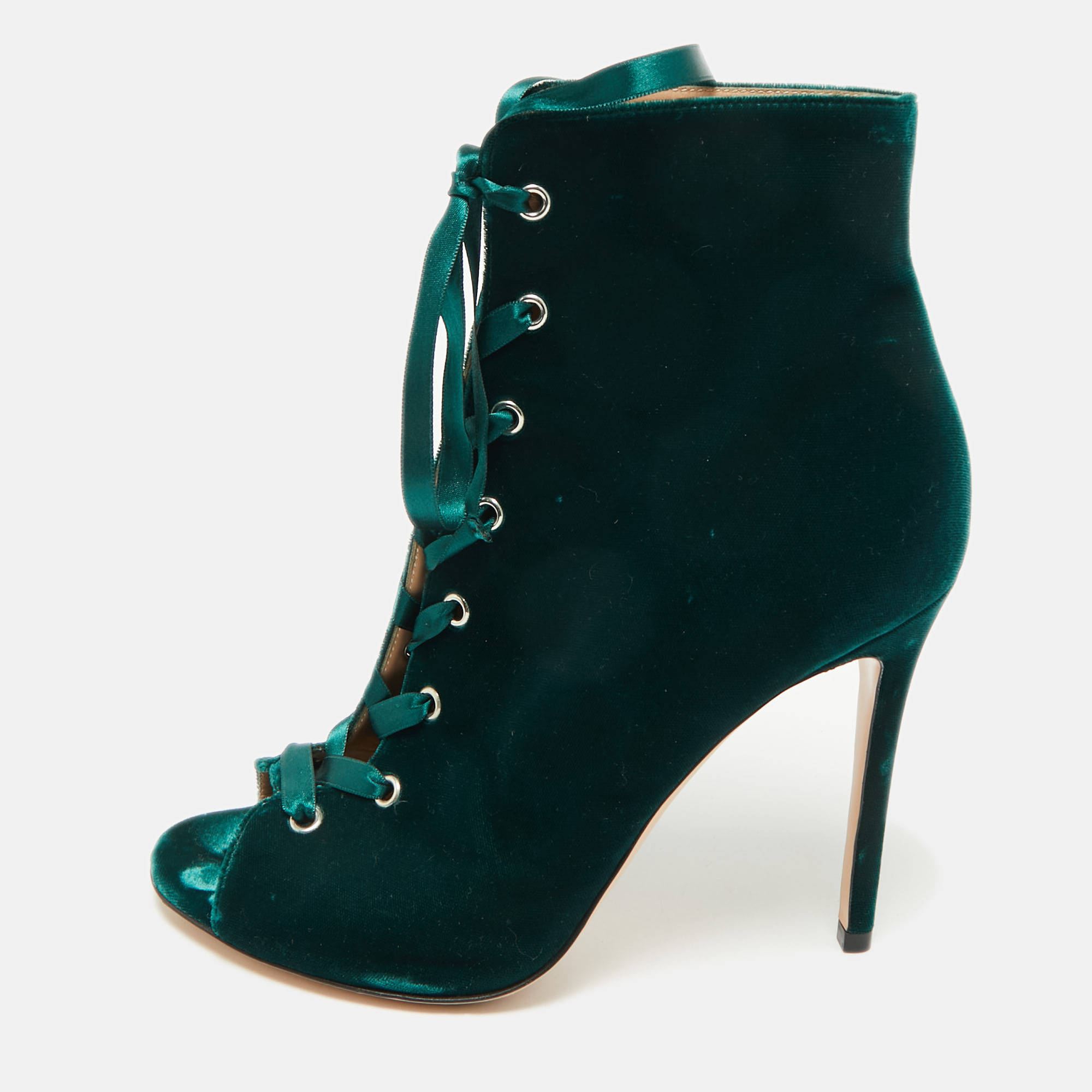 Gianvito Rossi Green Velvet Miral Open Toe Ankle Boots Size 41