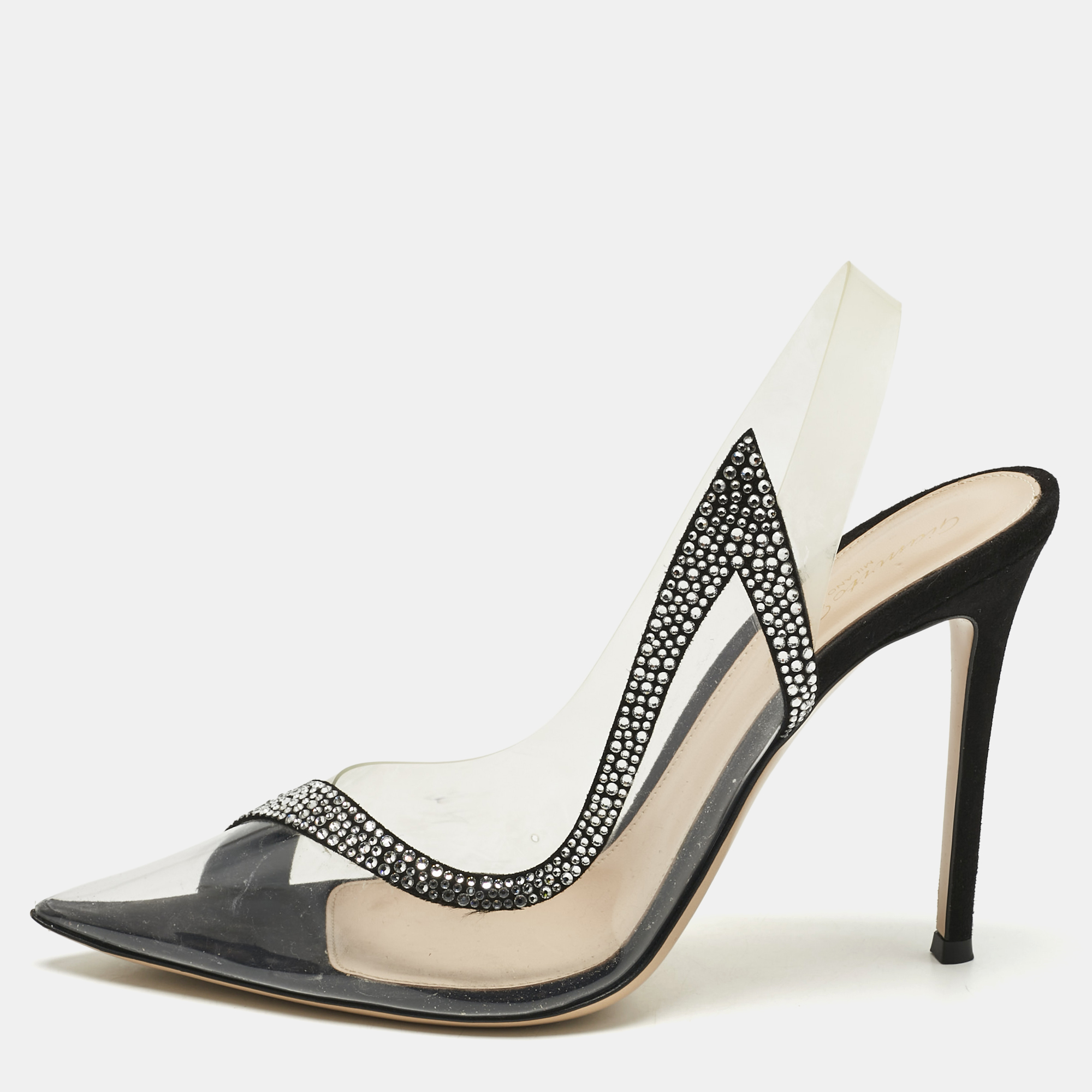 

Gianvito Rossi Black PVCand Satin Crystal Embellished Hortensia Pumps Size