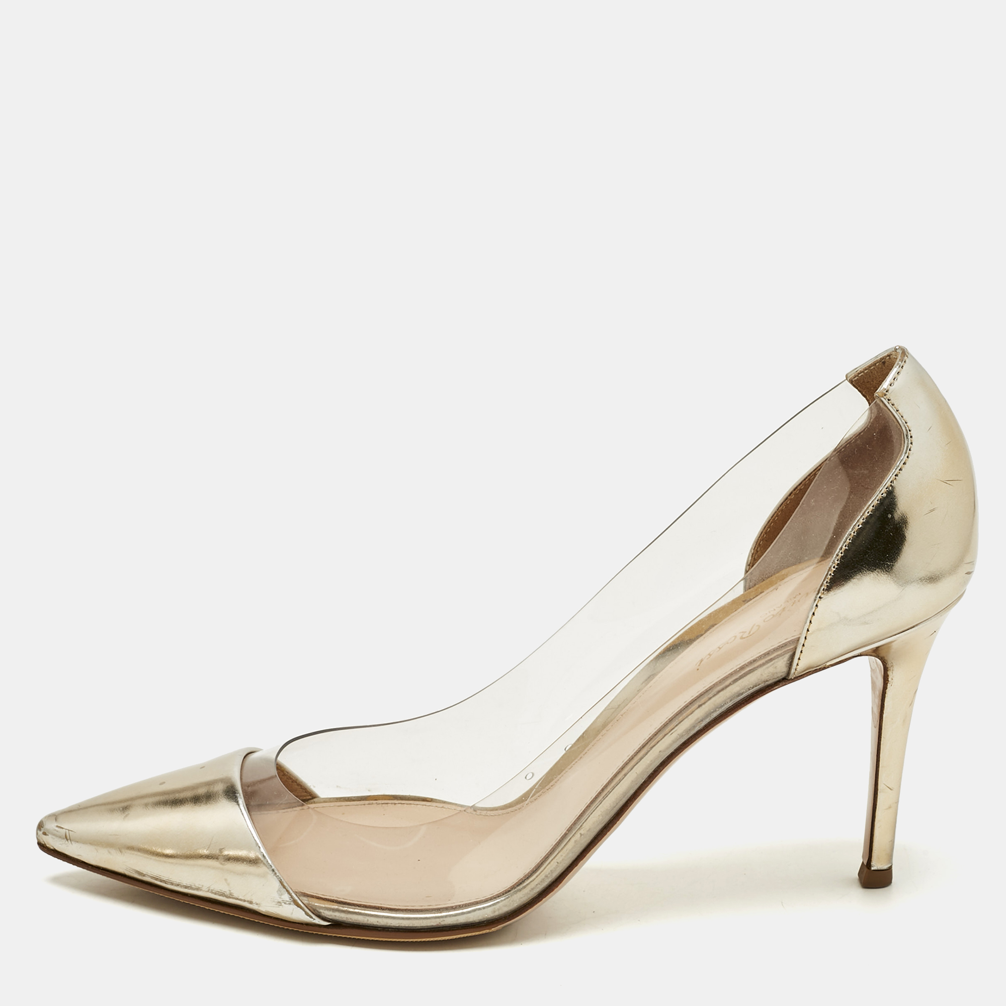 Pre-owned Gianvito Rossi Gold/transparent Leather And Pvc Plexi Pointed Toe Pumps Size 41