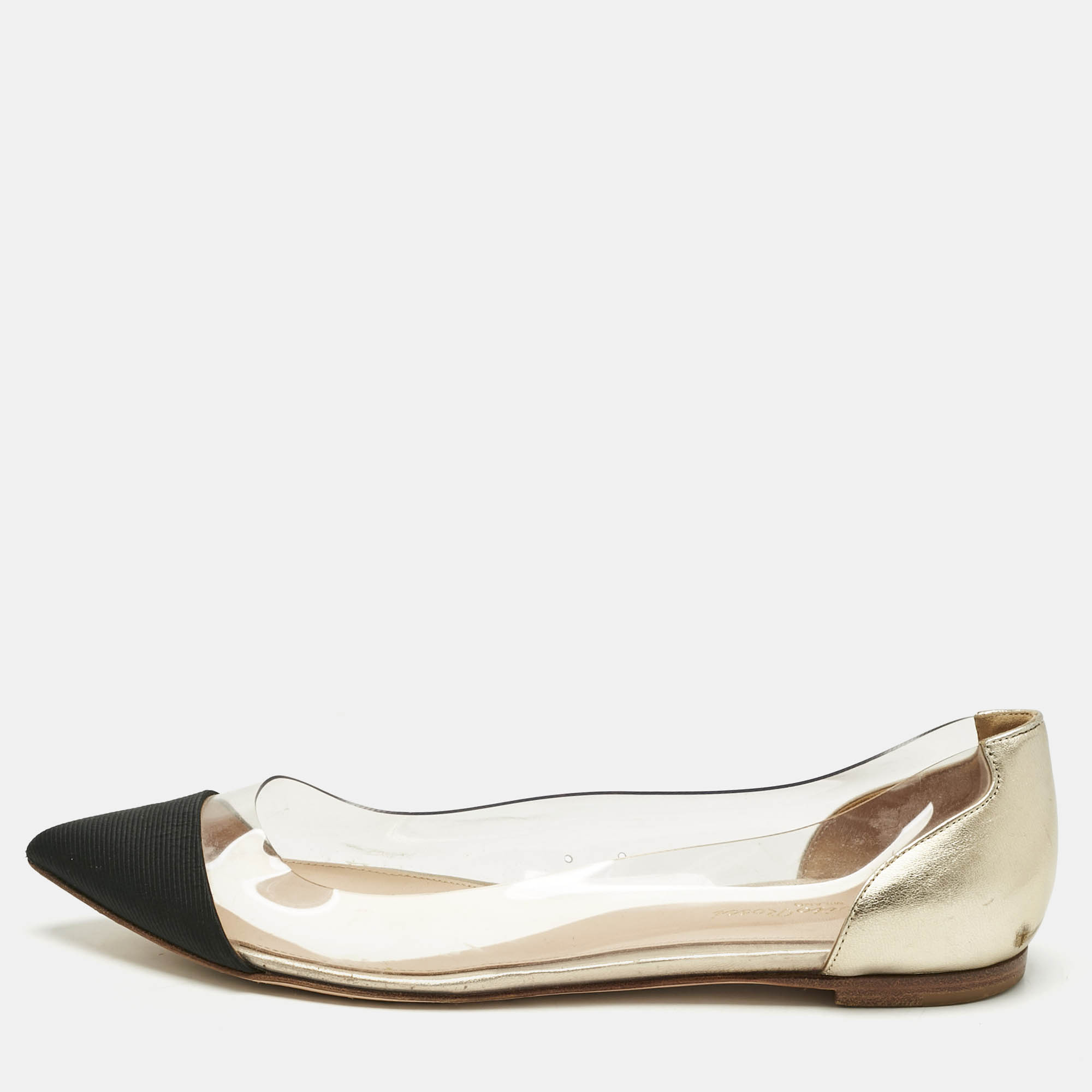 

Gianvito Rossi Gold/Black Leather and PVC Plexi Ballet Flats Size