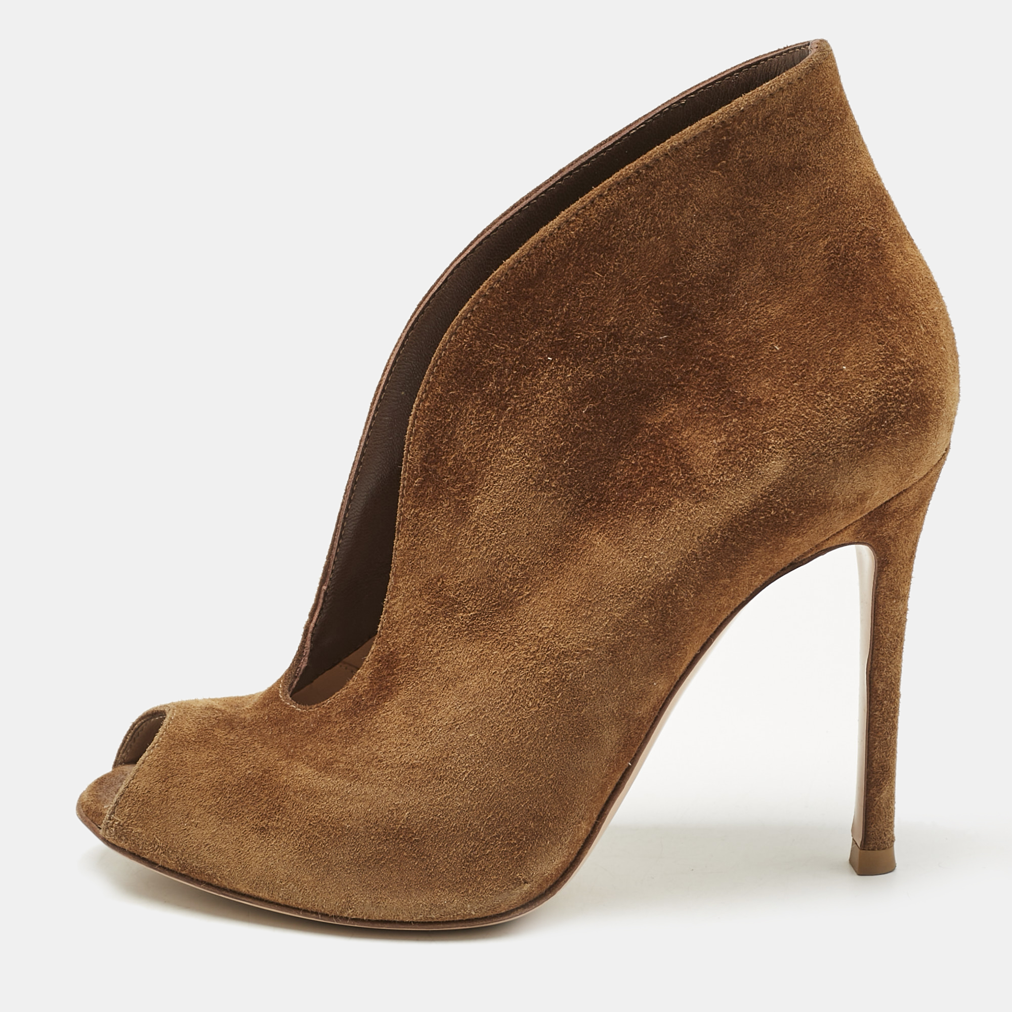 Pre-owned Gianvito Rossi Brown Suede Vamp Peep Toe Booties Size 35
