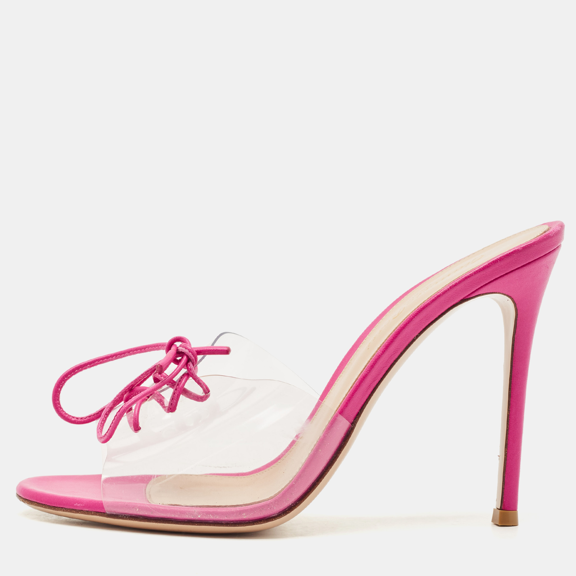 Pre-owned Gianvito Rossi Transparent/pink Pvc And Leather Lace Up Slide Sandals Size 39