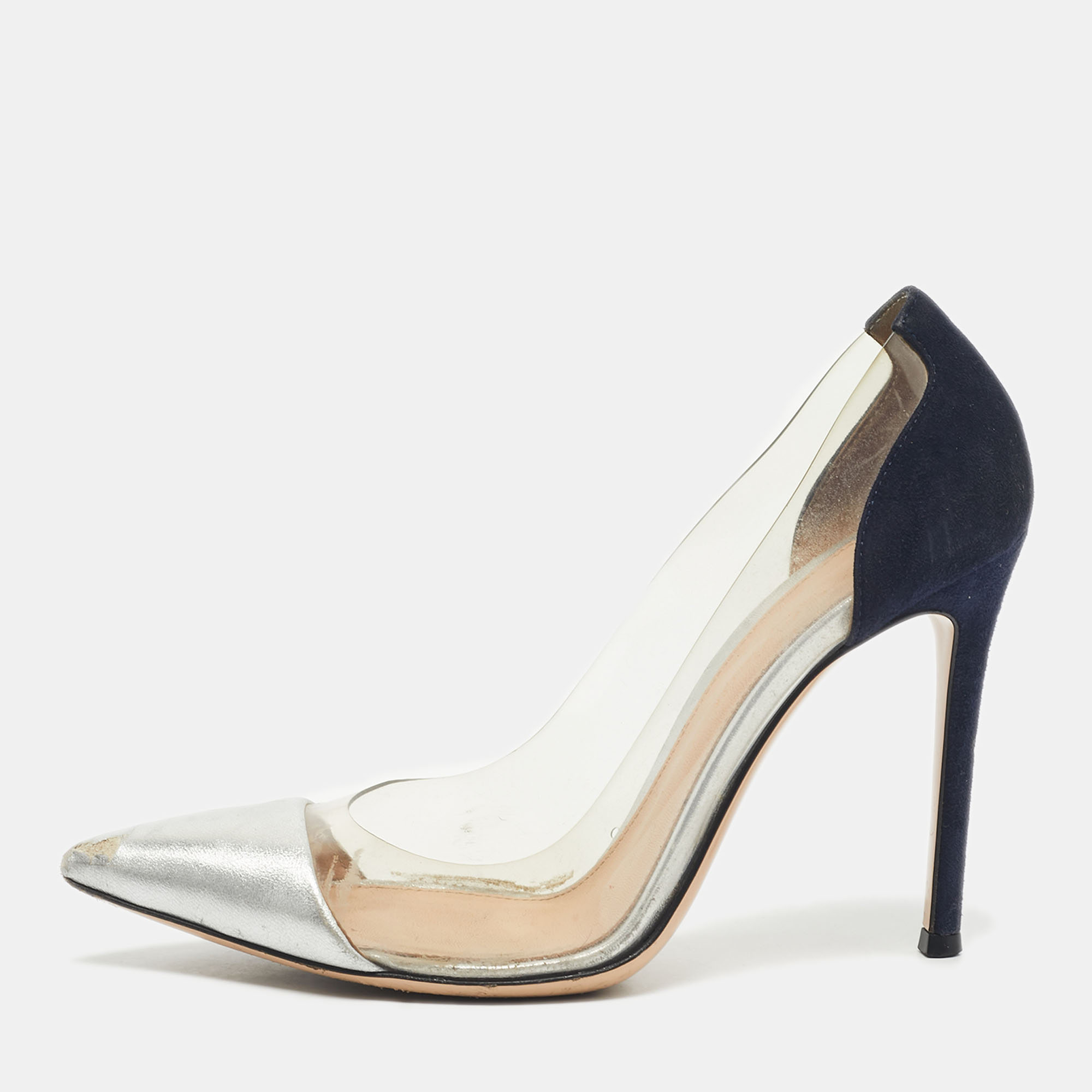 

Gianvito Rossi Blue/Silver Suede and PVC Plexi Pumps Size, Transparent