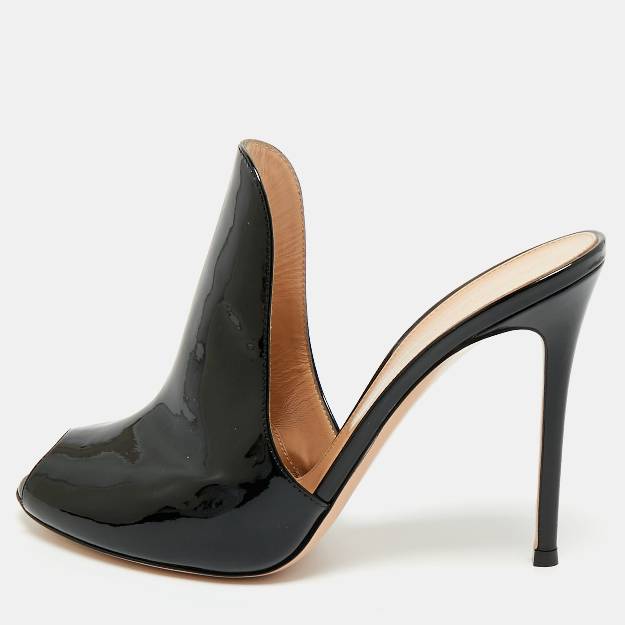 Pre-owned Gianvito Rossi Black Patent Leather Peep Toe Slide Sandals Size 40