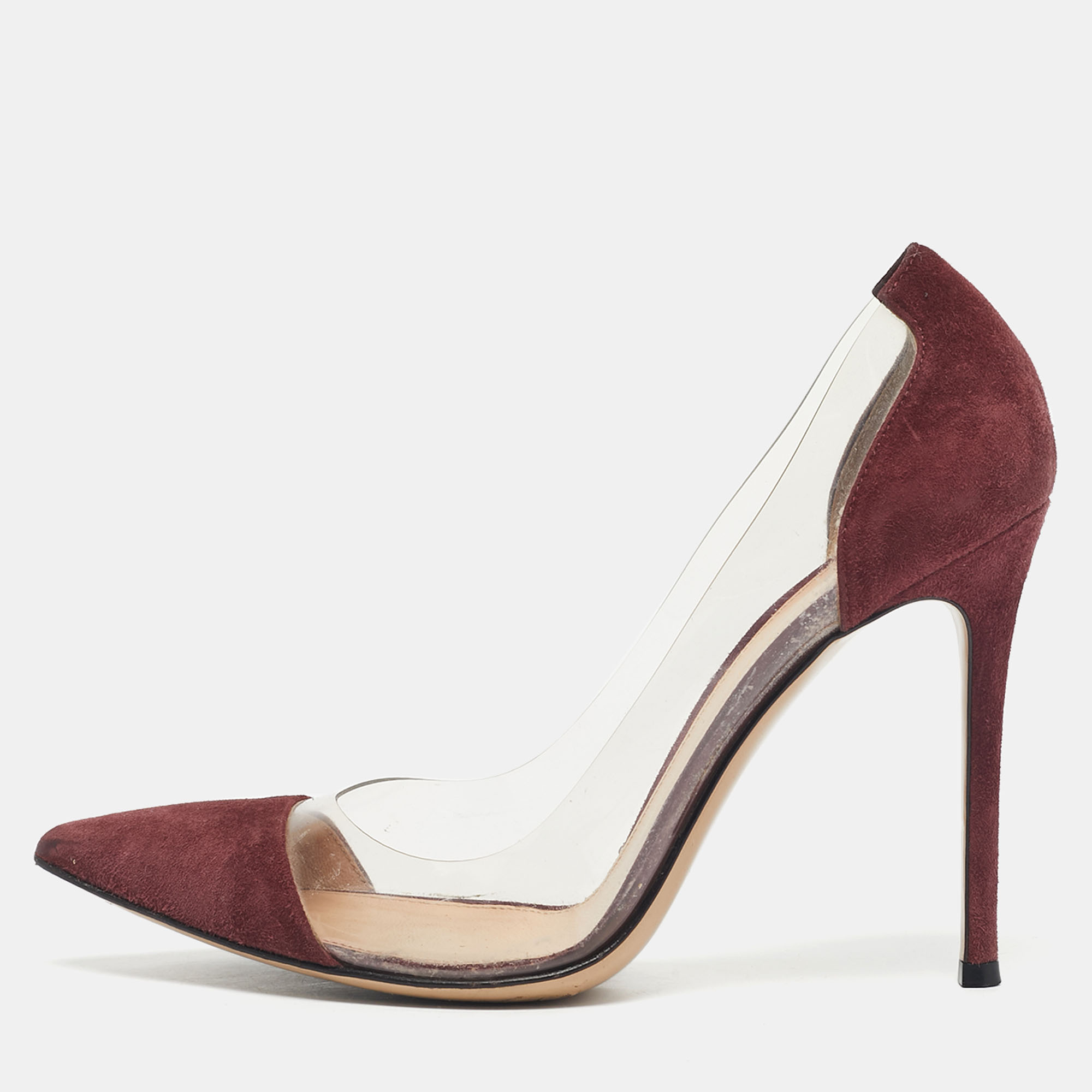 

Gianvito Rossi Burgundy Suede and PVC Plexi Pumps Size
