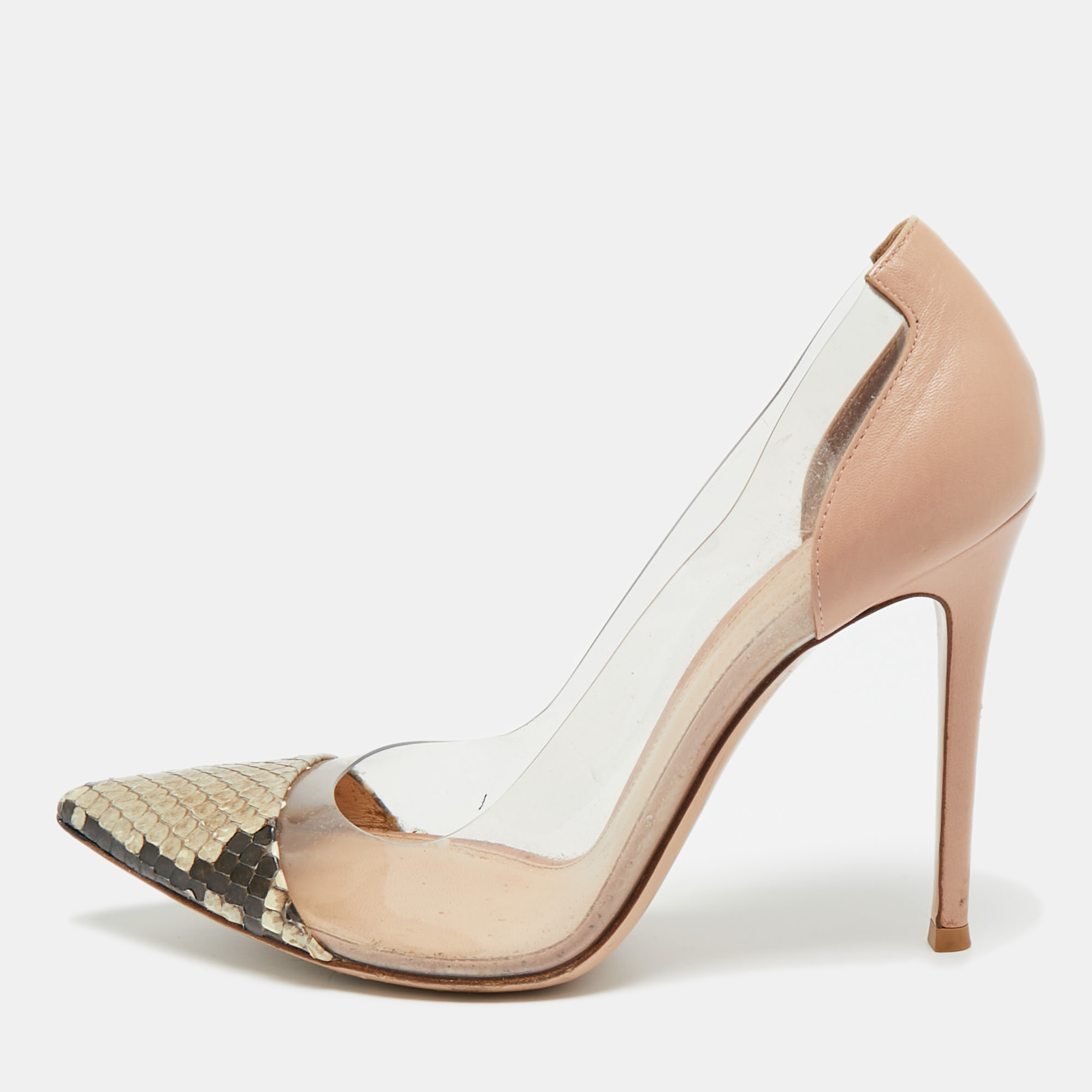 Pre-owned Gianvito Rossi Transparent/beige Pvc And Python Leather Plexi Pumps Size 39.5