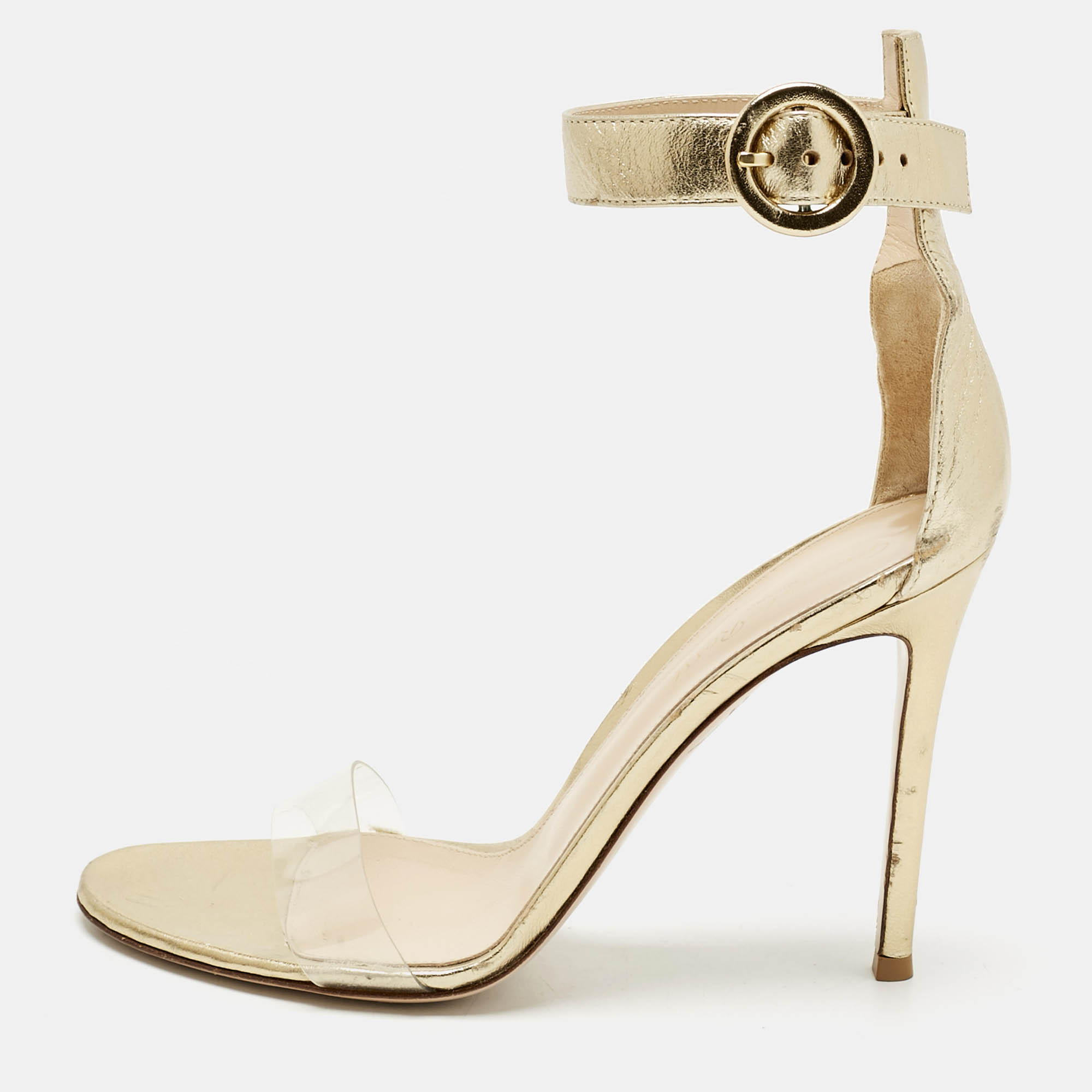 Pre-owned Gianvito Rossi Gold Leather And Pvc Stella Ankle Strap Sandals Size 39
