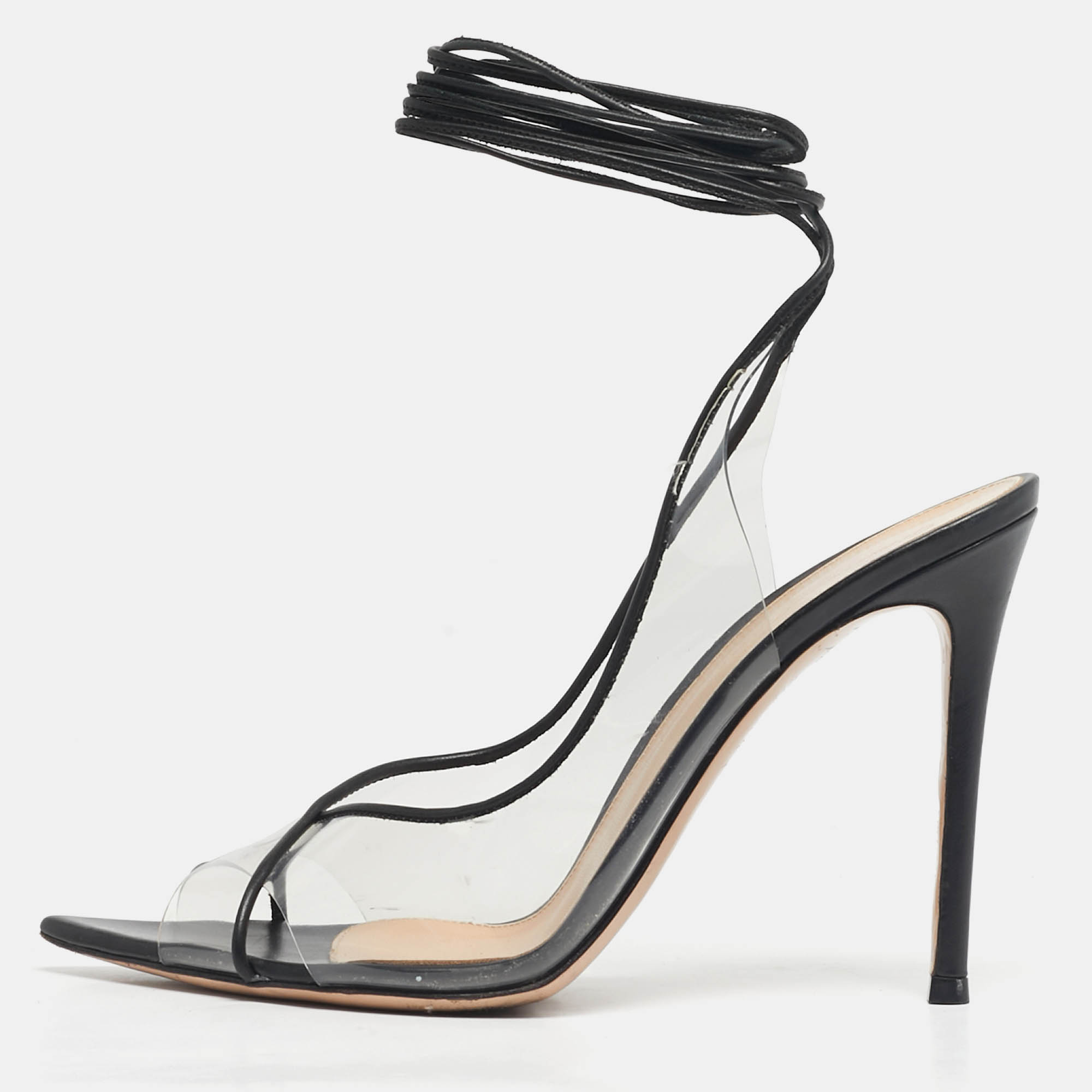 Pre-owned Gianvito Rossi Transparent/black Leather And Pvc Plexi Ankle Wrap Sandals Size 39