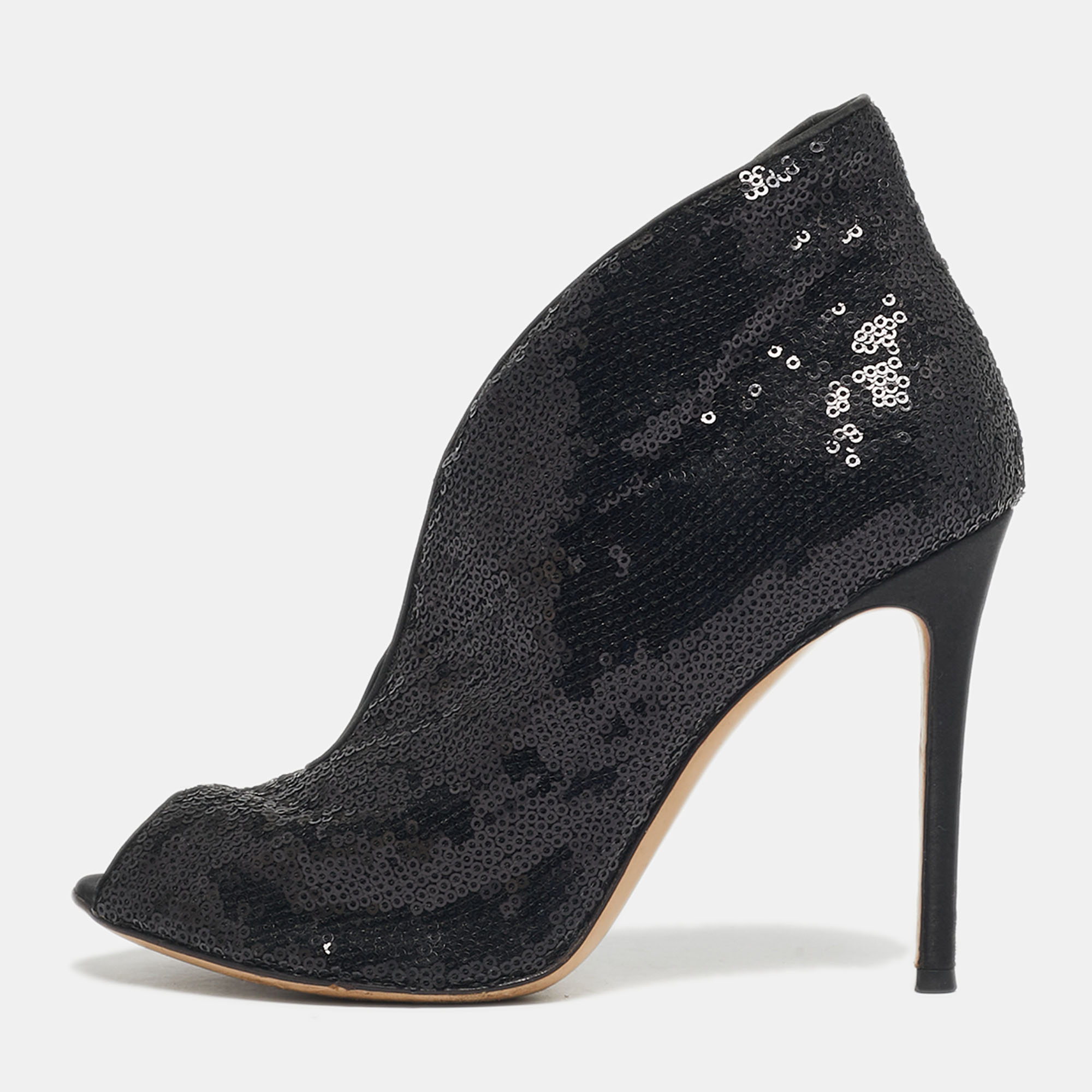 Pre-owned Gianvito Rossi Black Satin And Sequins Vamp Peep Toe Booties Size 38