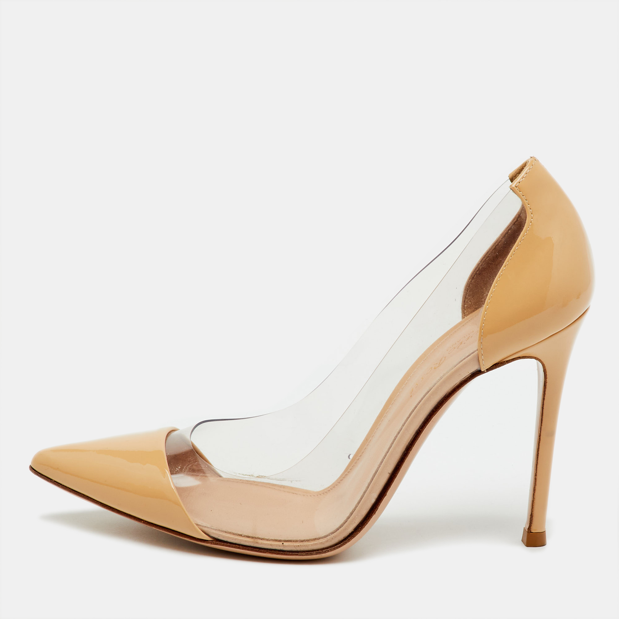 Pre-owned Gianvito Rossi Beige Patent Leather And Pvc Plexi Pointed Toe Pumps Size 36.5 In Sand