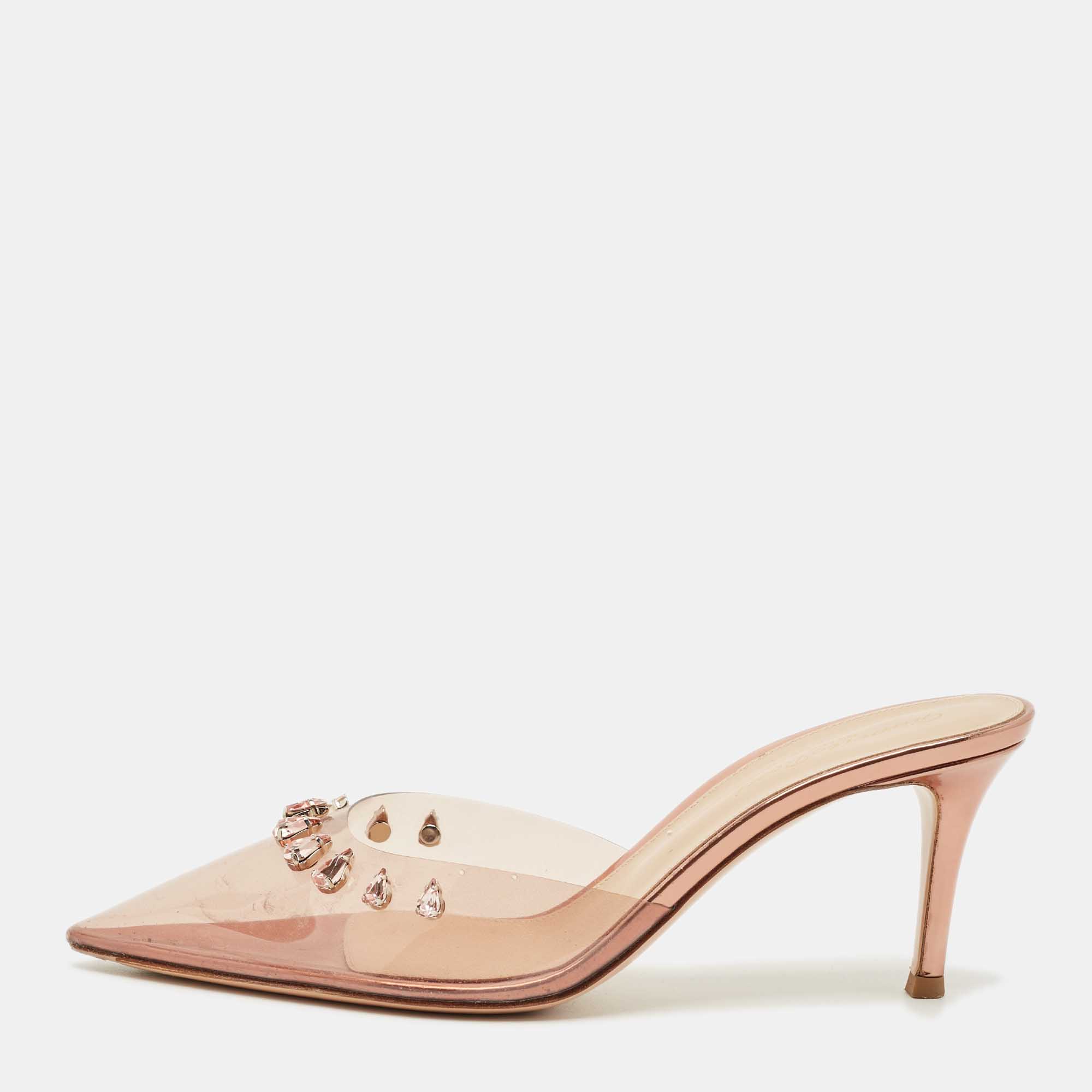 

Gianvito Rossi Transparent PVC Plexi Crystal Embellished Pointed-Toe Mule Sandals Size