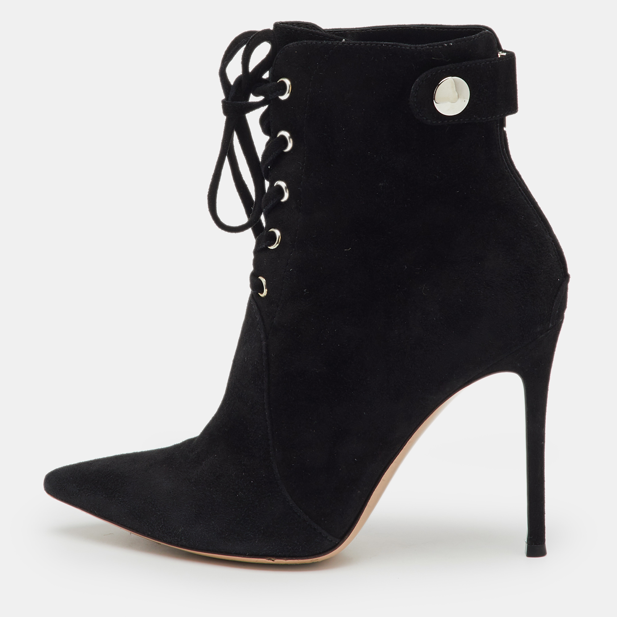 Pre-owned Gianvito Rossi Black Suede Pointed Toe Lace Up Ankle Length Boots Size 38