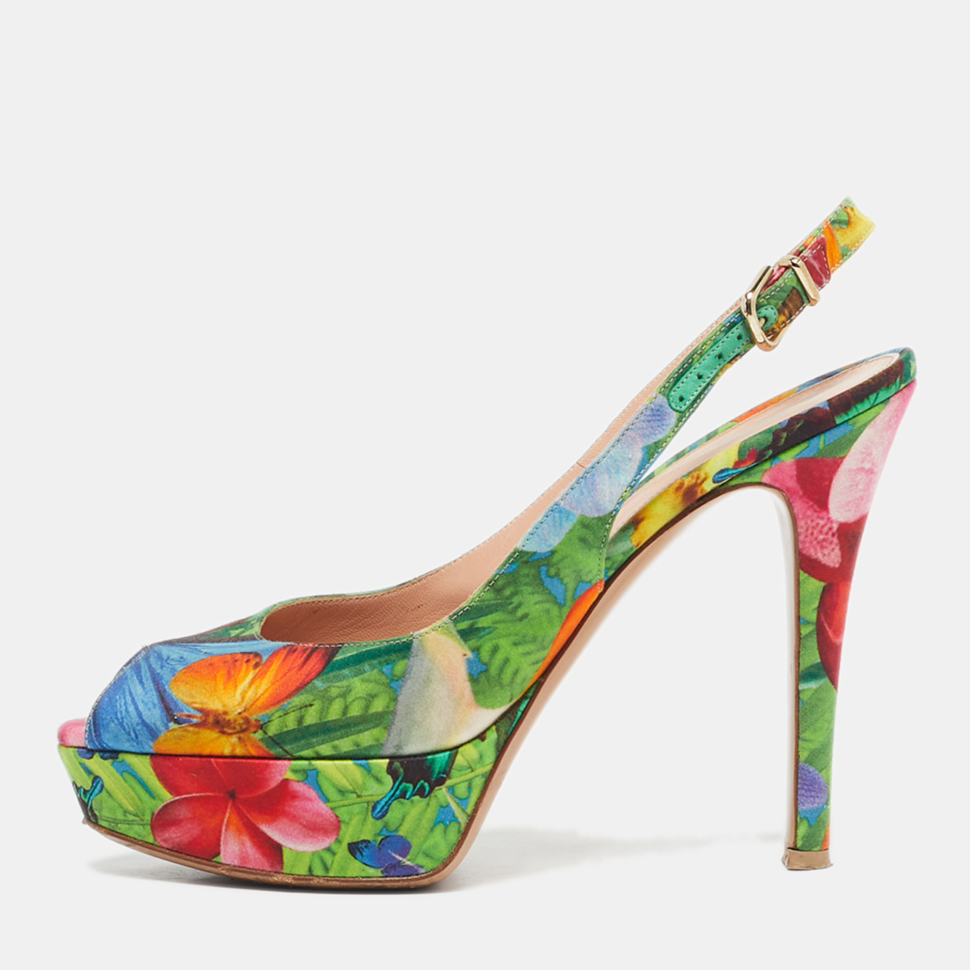 Pre-owned Gianvito Rossi Multicolor Fabric Platform Slingback Sandals Size 38.5