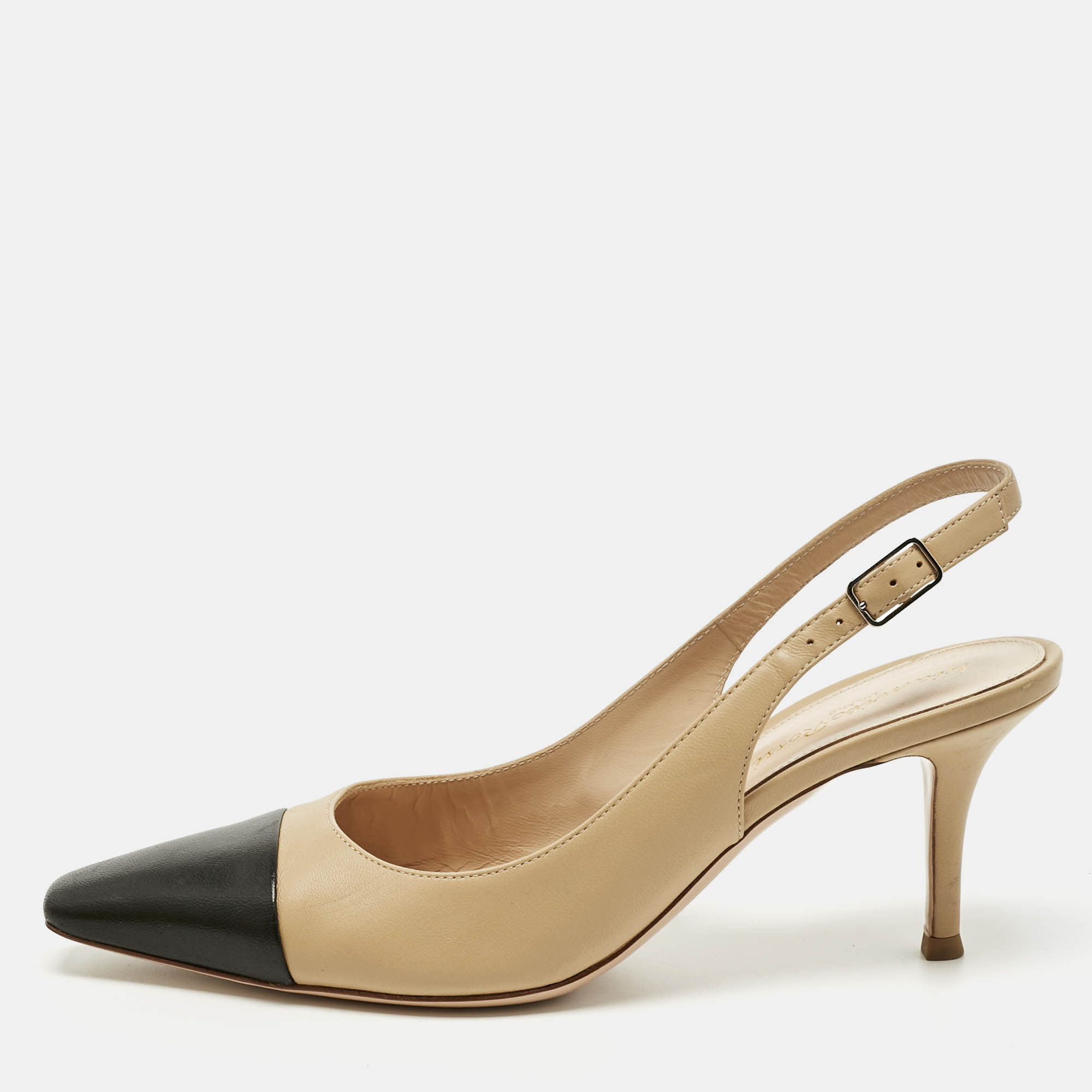Pre-owned Gianvito Rossi Beige/black Leather Cap Toe Lucy Slingback Pumps Size 38 In Sand