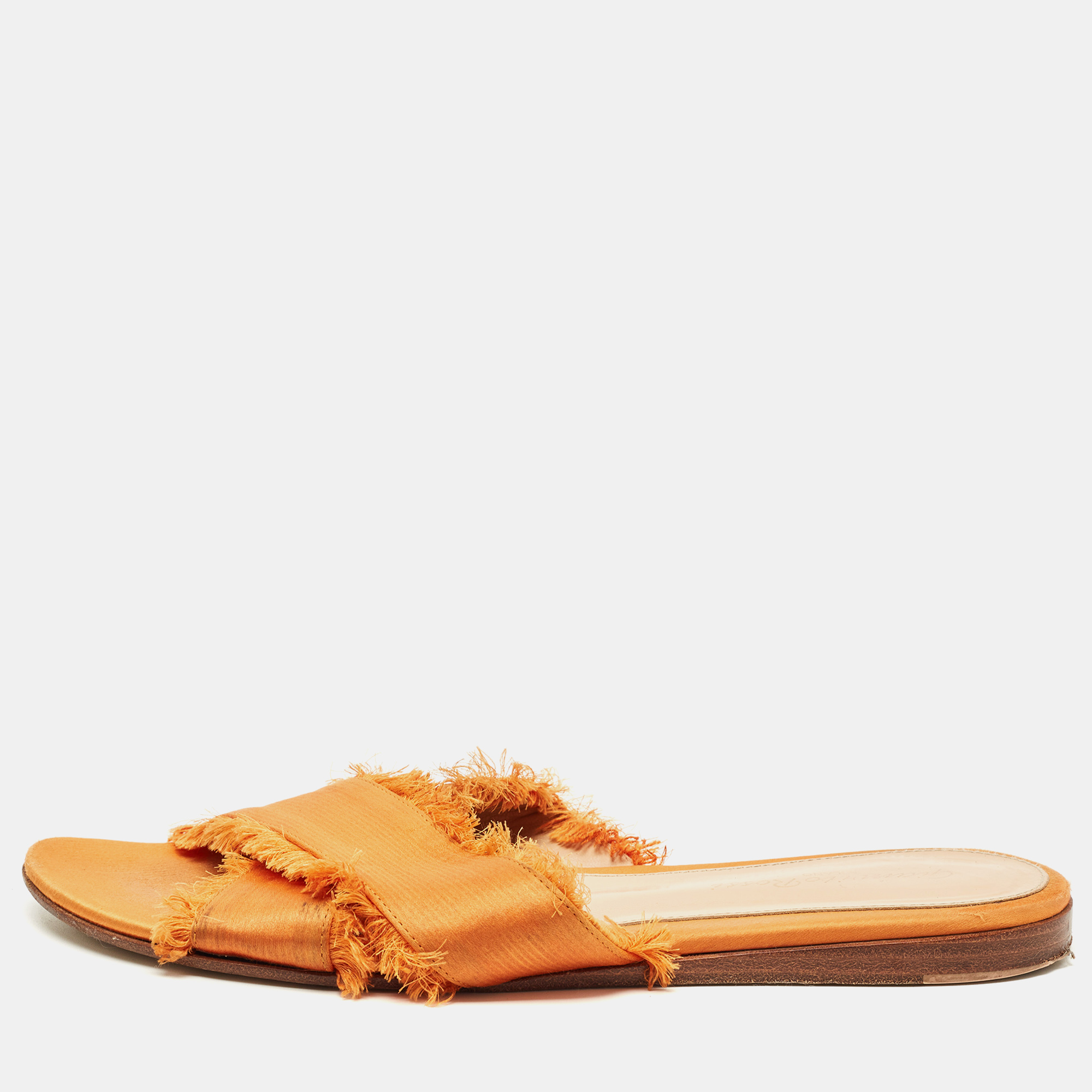 Pre-owned Gianvito Rossi Orange Satin Barth Flat Slides Size 37.5