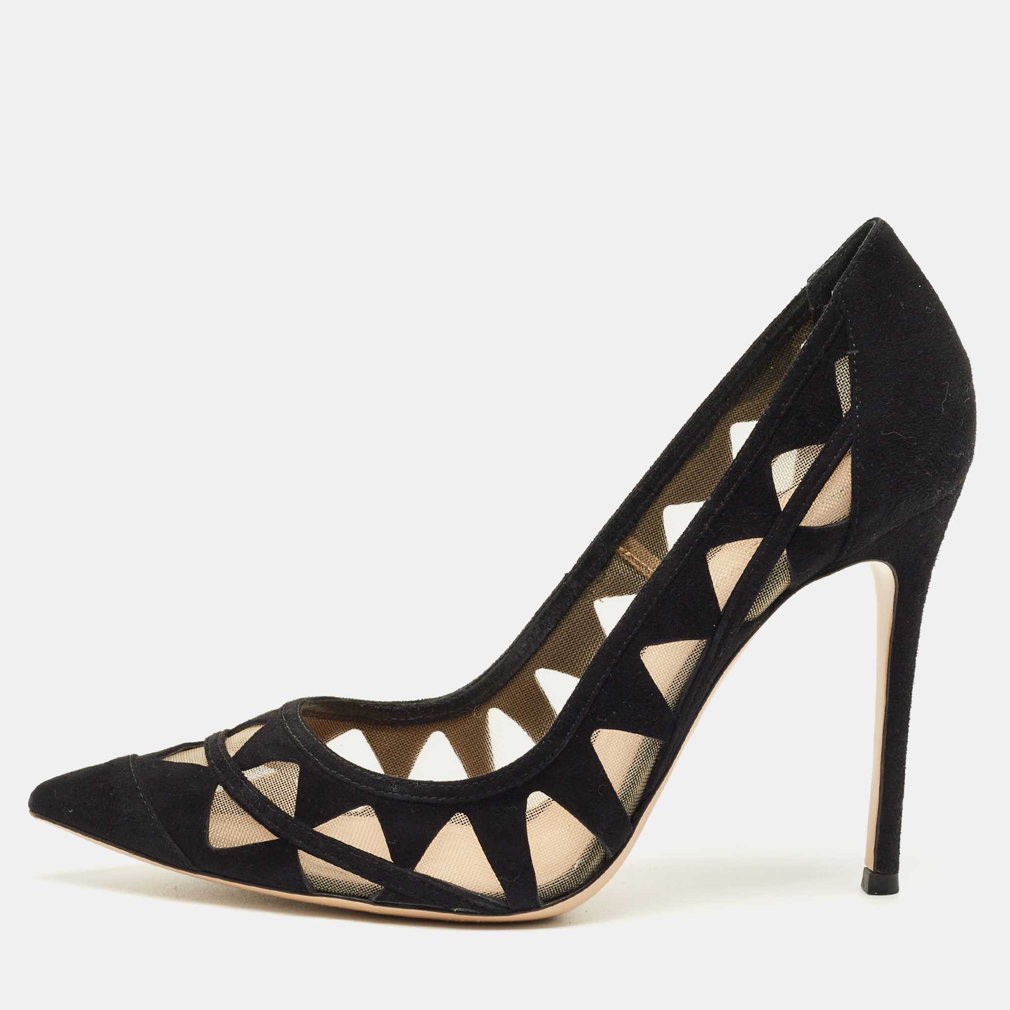 

Gianvito Rossi Black Suede and Mesh Maxine Laser Cut Pointed Toe Pumps Size
