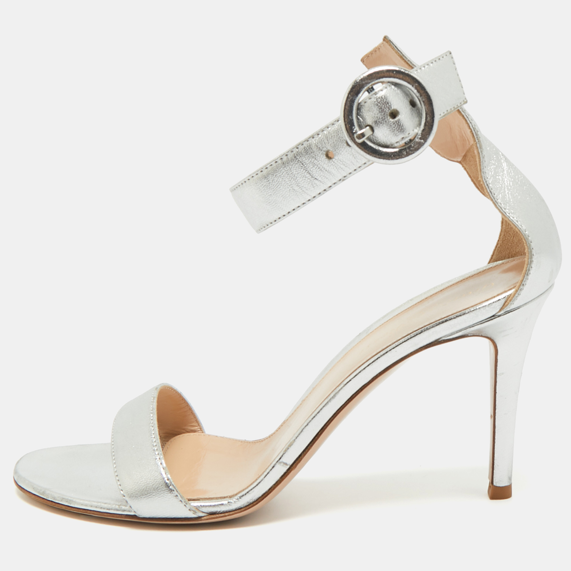 

Gianvito Rossi Silver Leather Portofino Ankle Strap Sandals Size