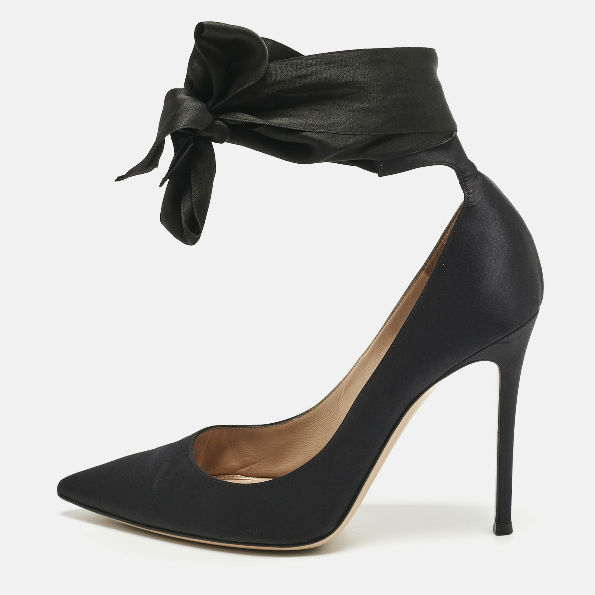 Pre-owned Gianvito Rossi Black Satin Gala Ankle Wrap Pumps Size 41