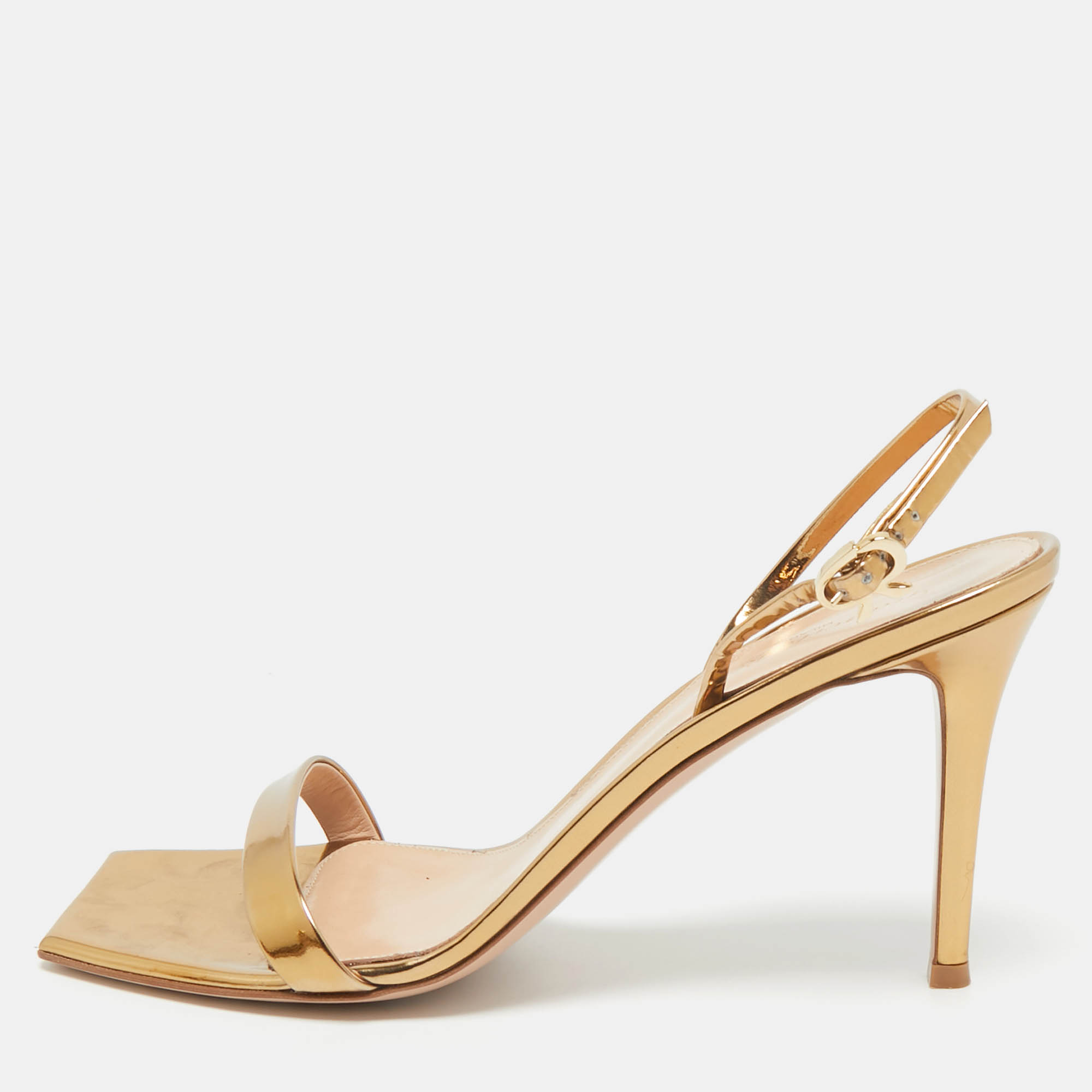 

Gianvito Rossi Gold Foil Leather Ribbon Stiletto Ankle Strap Sandals Size