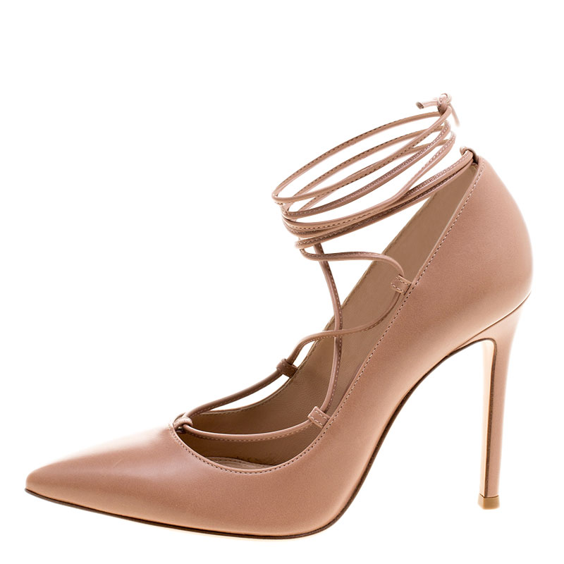 

Gianvito Rossi Tan Leather Femi Lace Up Pointed Toe Pumps Size