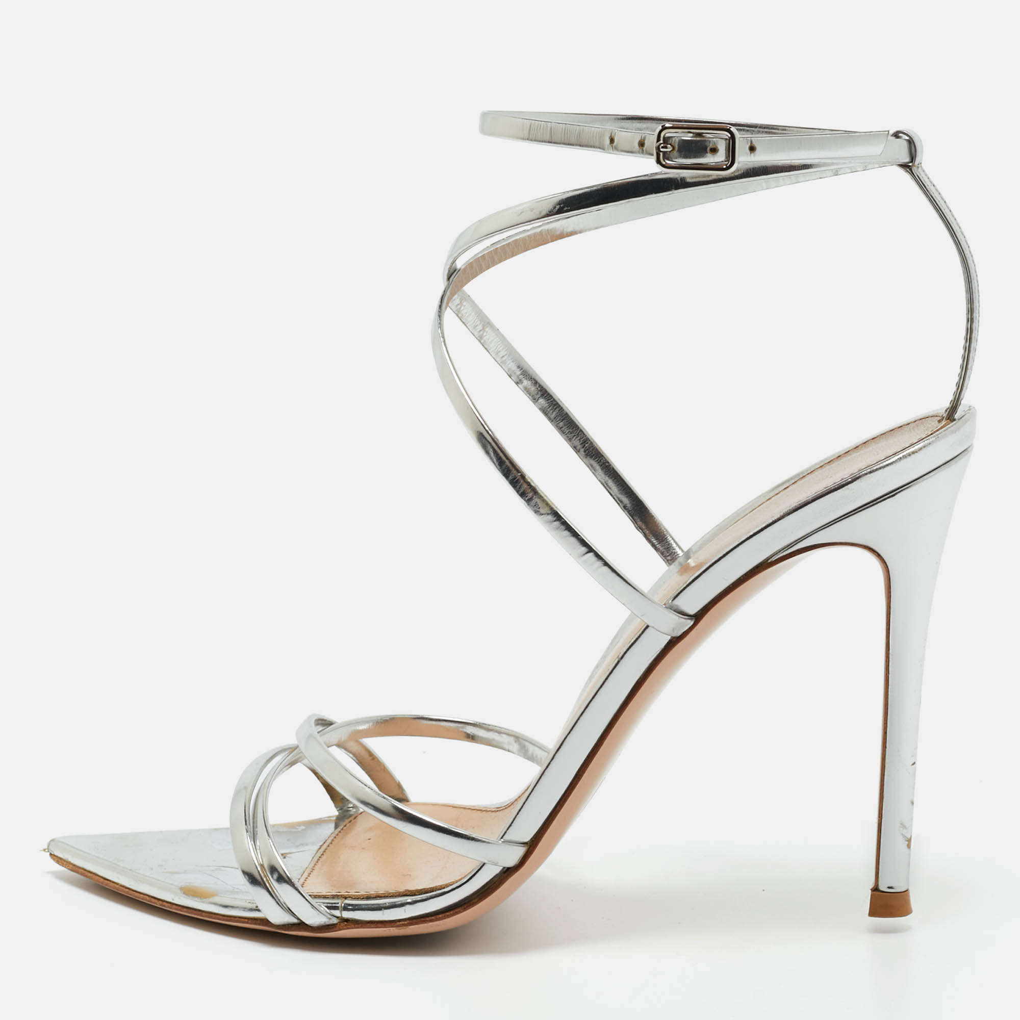 

Gianvito Rossi Silver Leather Kim Ankle Wrap Sandals Size
