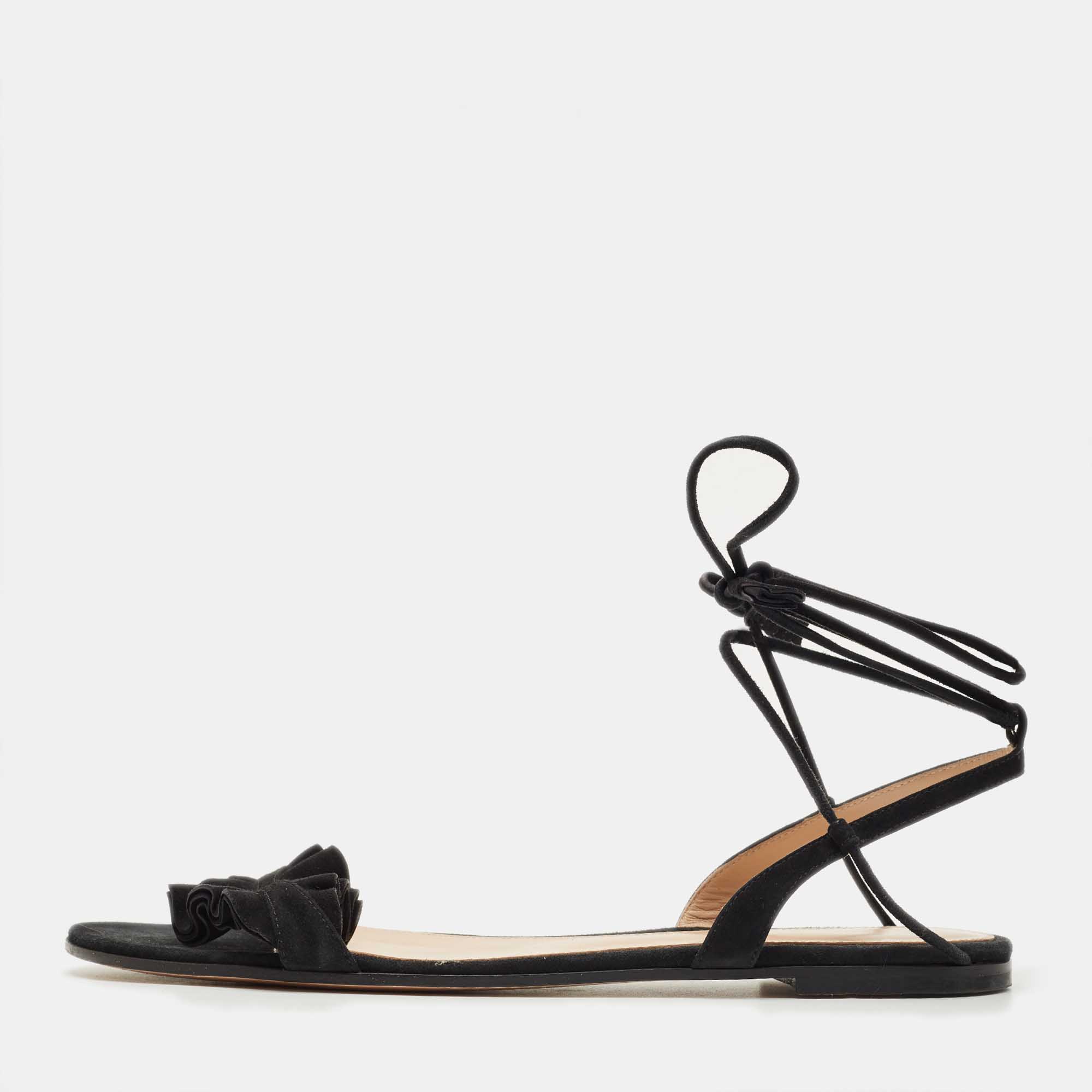 

Gianvito Rossi Black Suede Ruffle Detail Ankle Wrap Flat Sandals Size