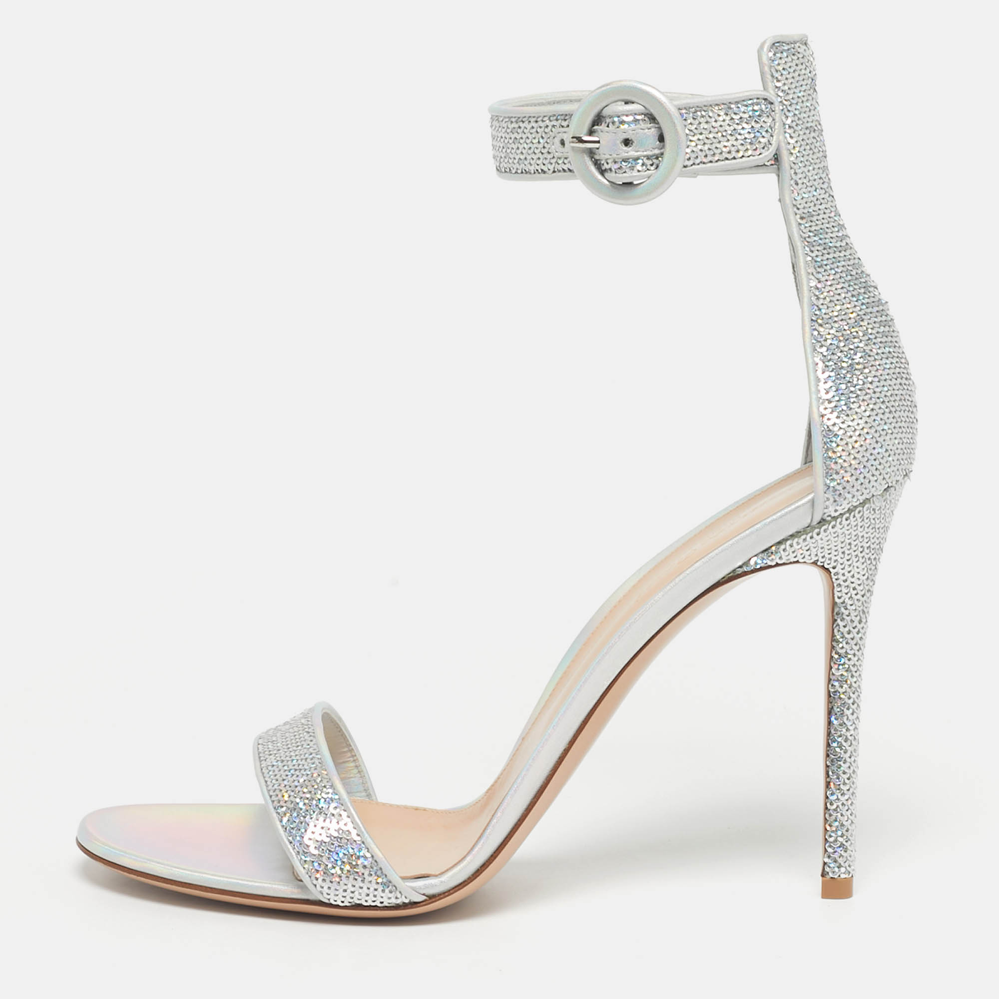 

Gianvito Rossi Silver Iridescent Leather and Sequins Portofino Ankle Strap Sandals Size