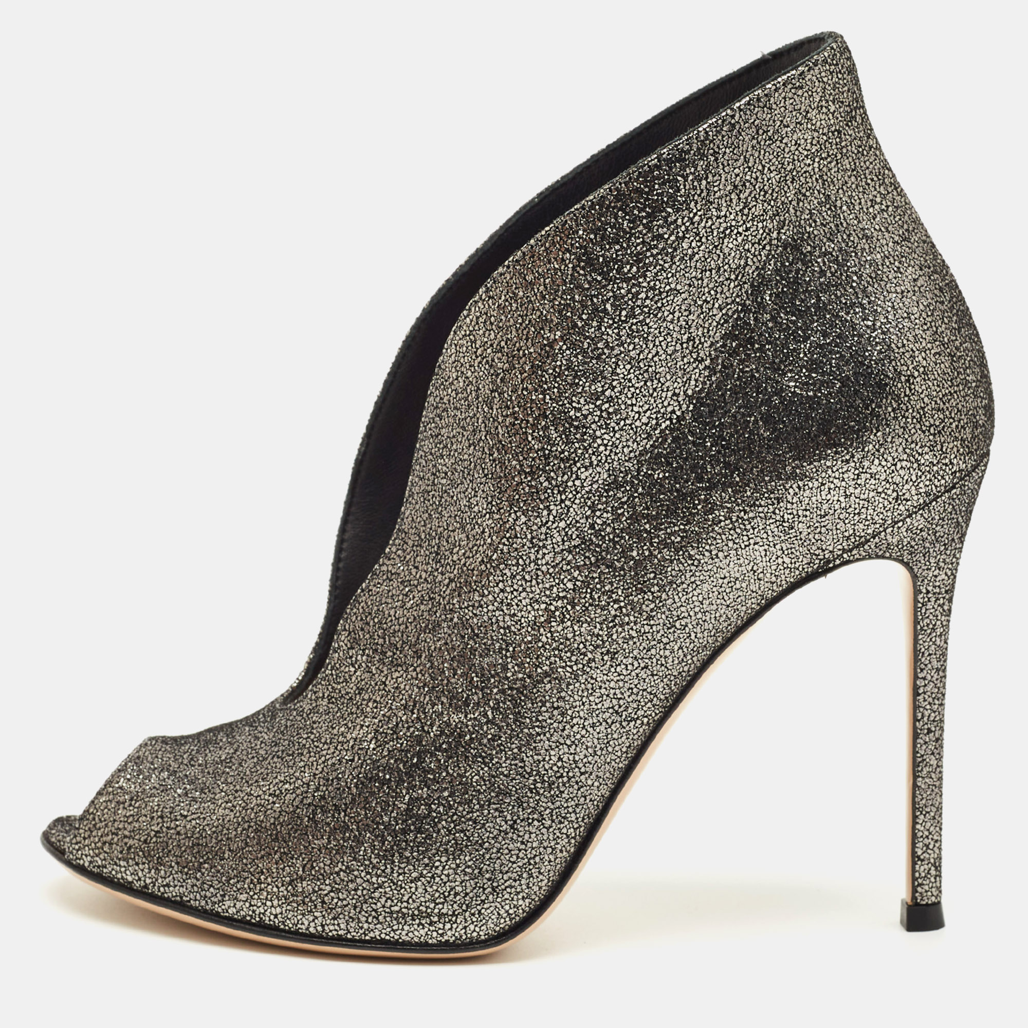 

Gianvito Rossi Metallic Grey Leather Vamp Peep Toe Booties Size