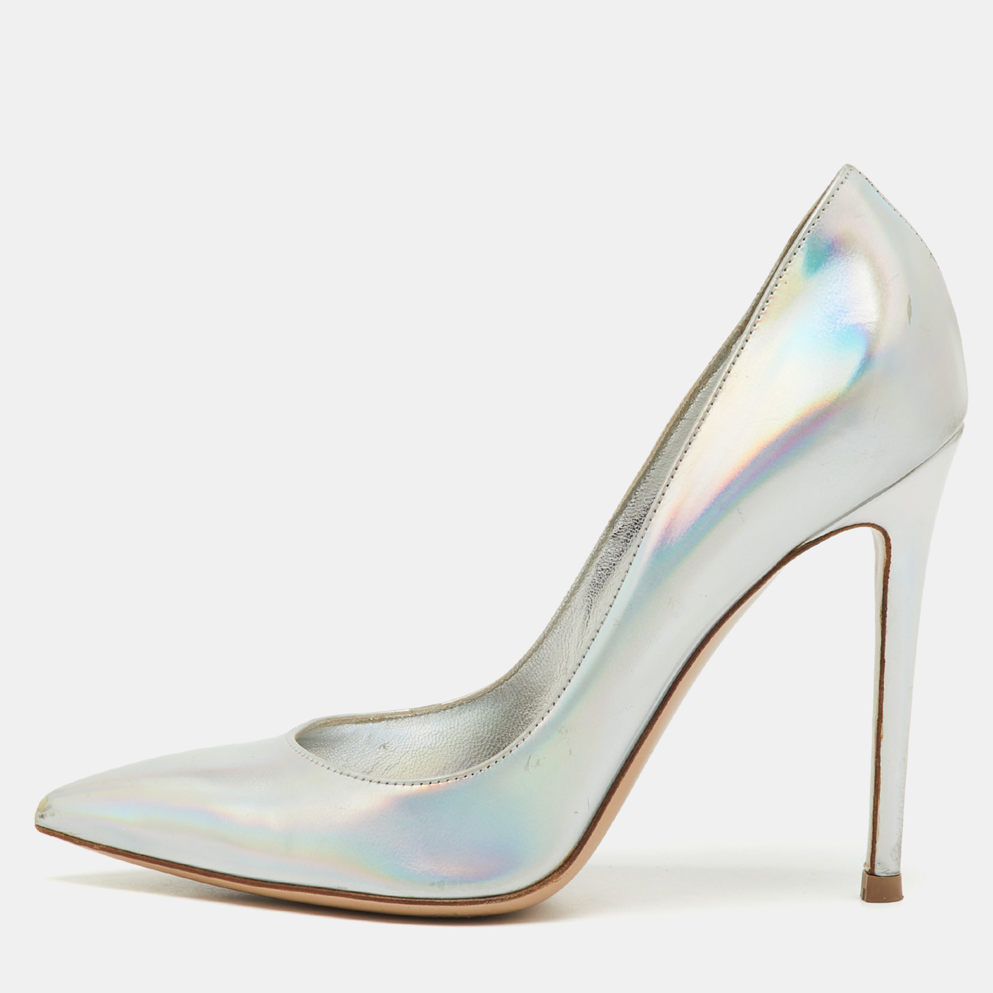 Pre-owned Gianvito Rossi Silver Holographic Leather Pointed Toe Pumps Size 36.5