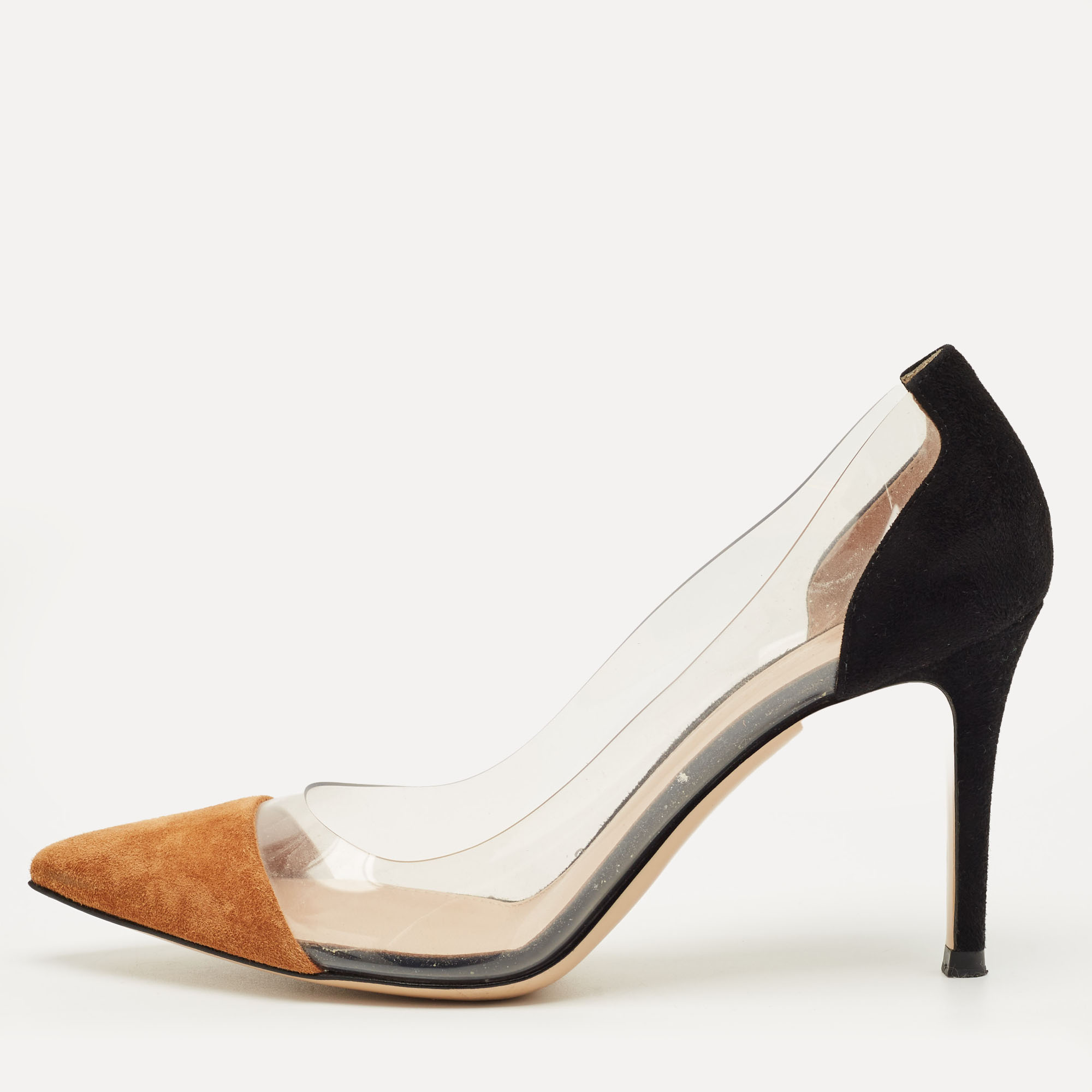 Pre-owned Gianvito Rossi Black/brown Suede And Pvc Plexi Pointed Toe Pumps Size 36