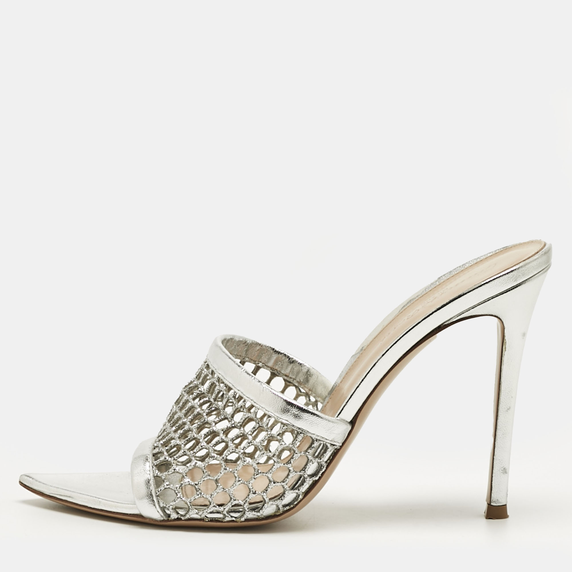 Pre-owned Gianvito Rossi Silver Leather And Metallic Mesh Alisia Slide Sandals Size 39
