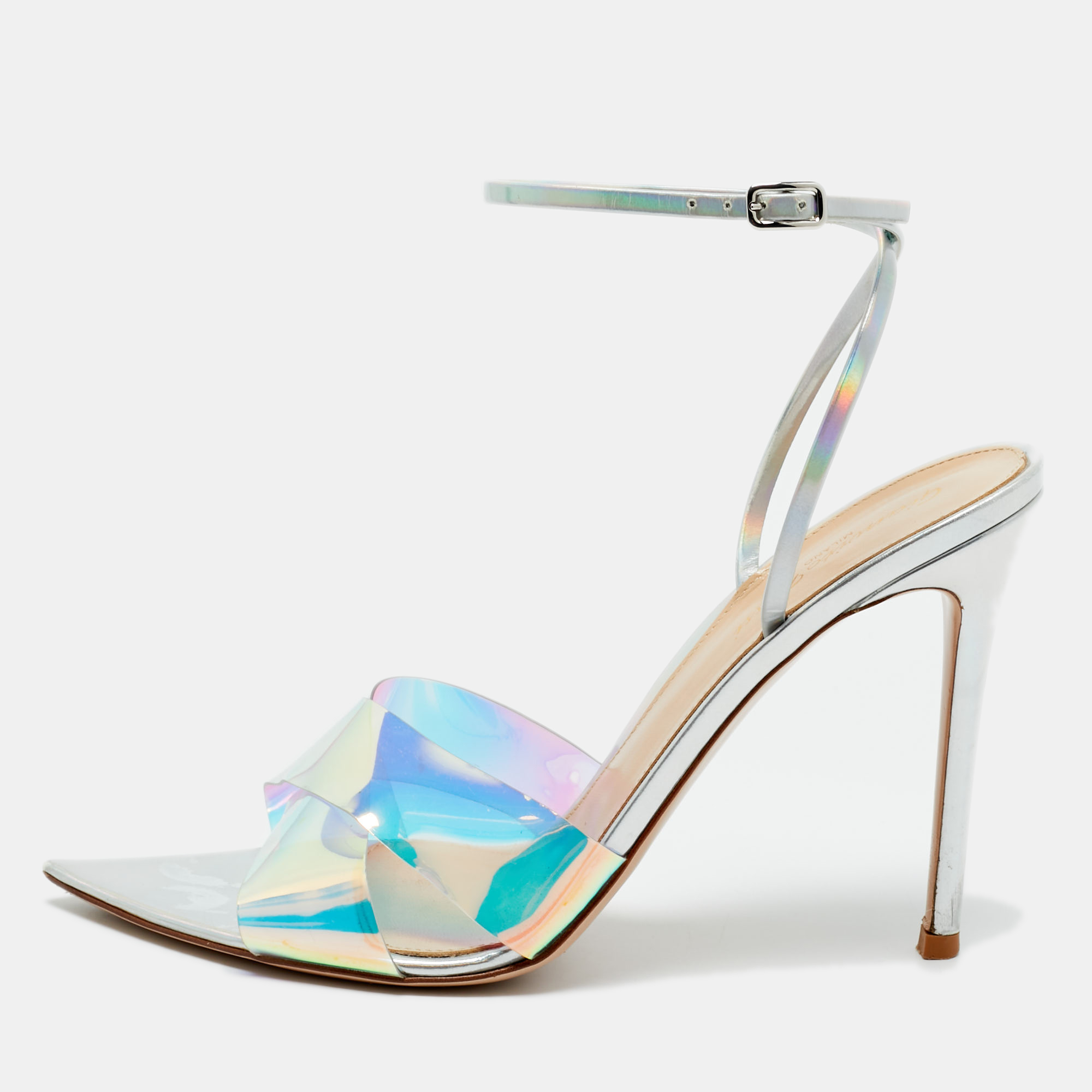 Pre-owned Gianvito Rossi Iridescent Silver Patent Leather And Pvc Plexi Stark Ankle Strap Sandals Size 40