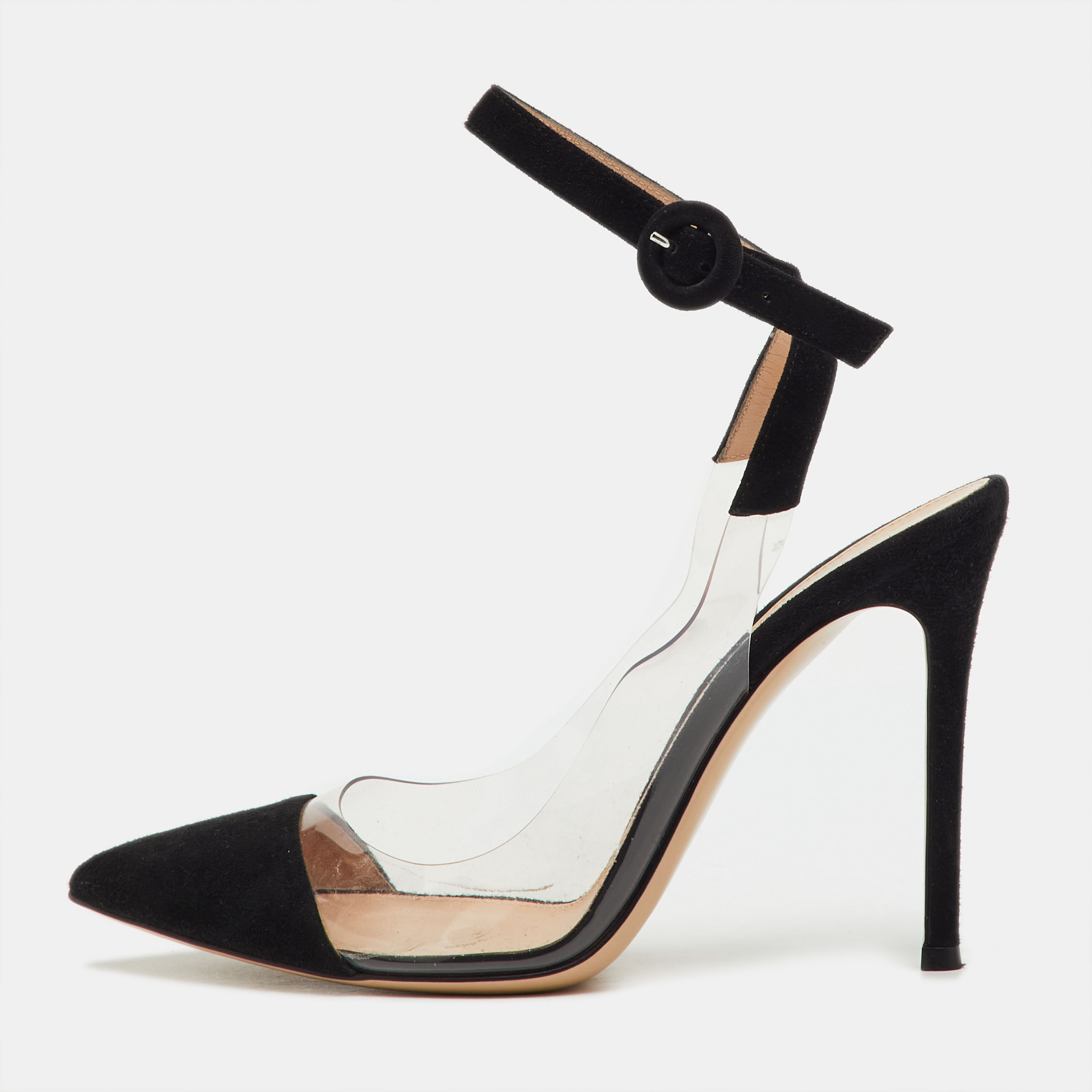 Pre-owned Gianvito Rossi Black/transparent Suede And Pvc Anise Ankle Strap Pumps Size 37