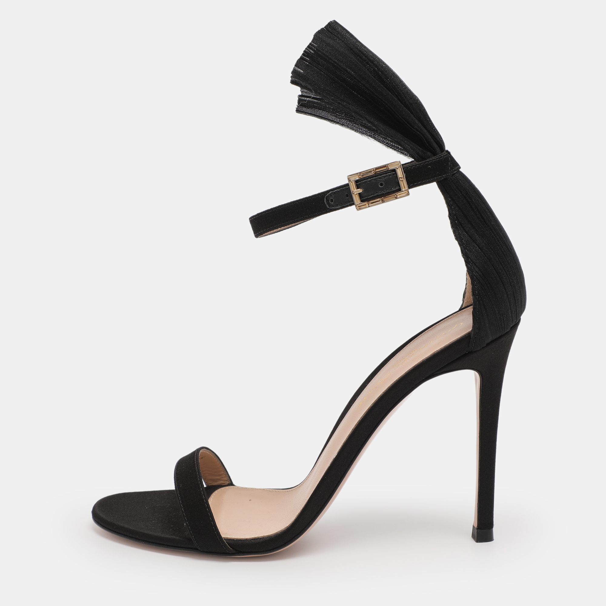 

Gianvito Rossi Black Satin Belvedere Frill Detail Ankle Strap Sandals Size 36.5