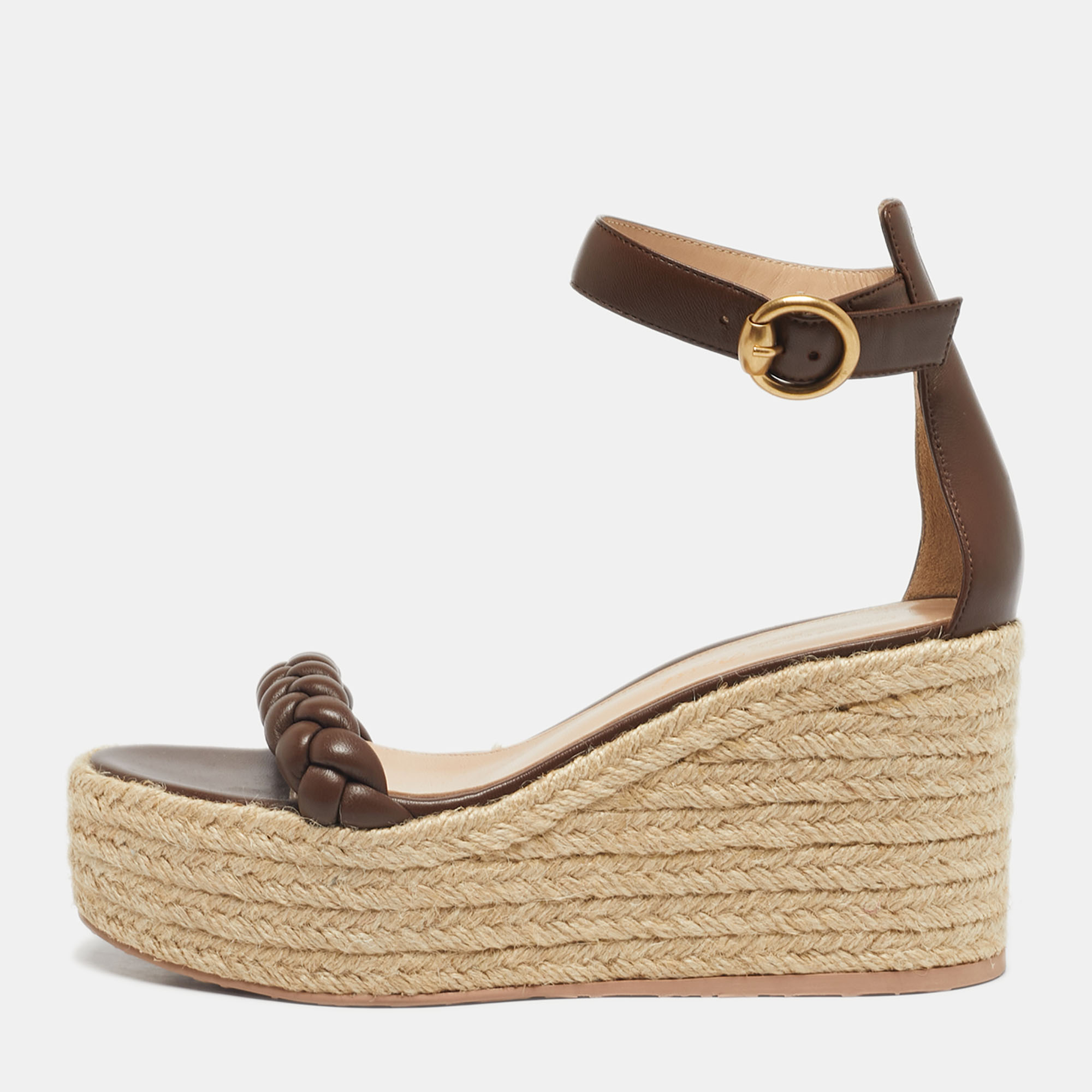 Pre-owned Gianvito Rossi Brown Braided Leather Merida Espadrille Wedge Sandals Size 36.5