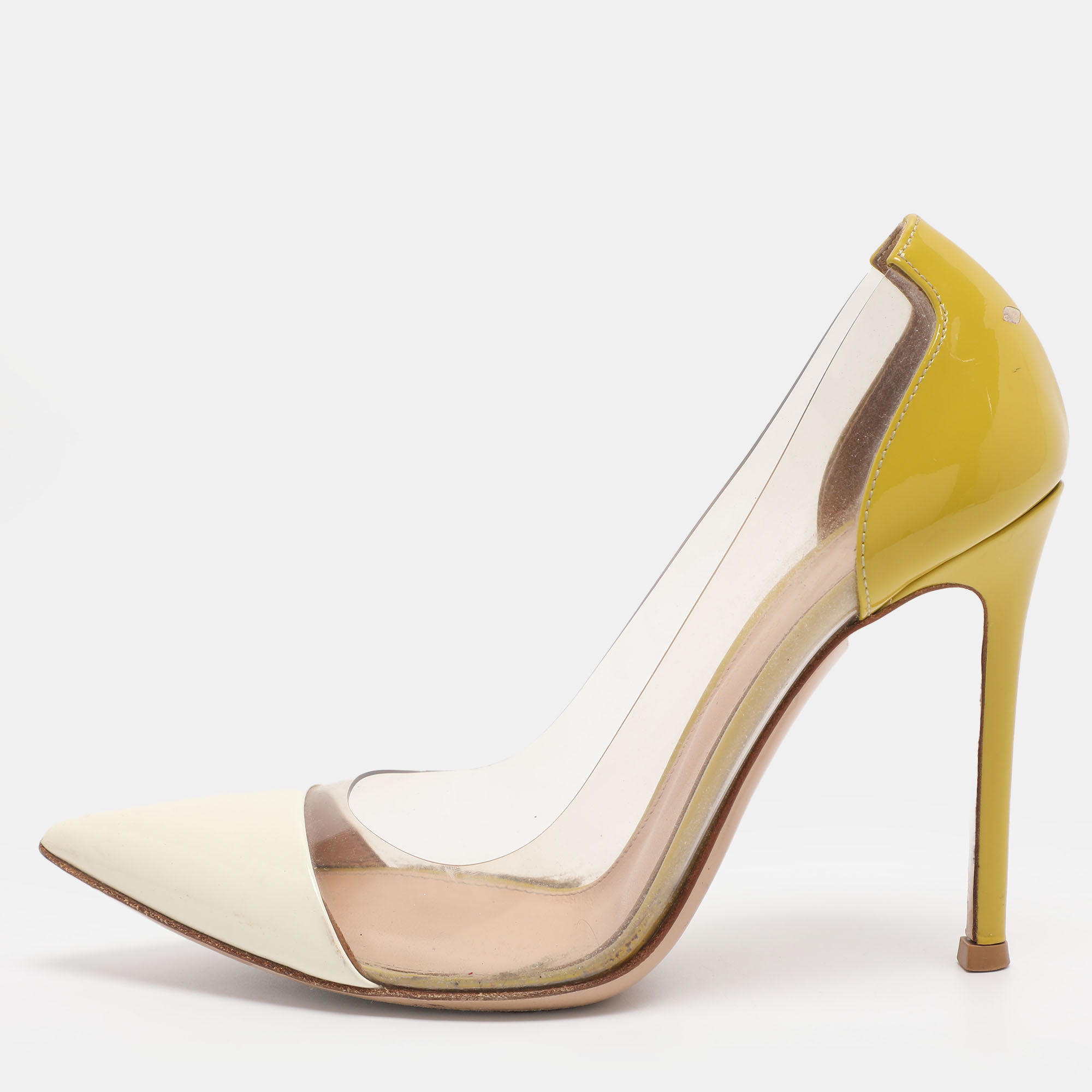 Pre-owned Gianvito Rossi Cream/yellow Patent Leather And Pvc Plexi Pointed Toe Pumps Size 35 In Multi