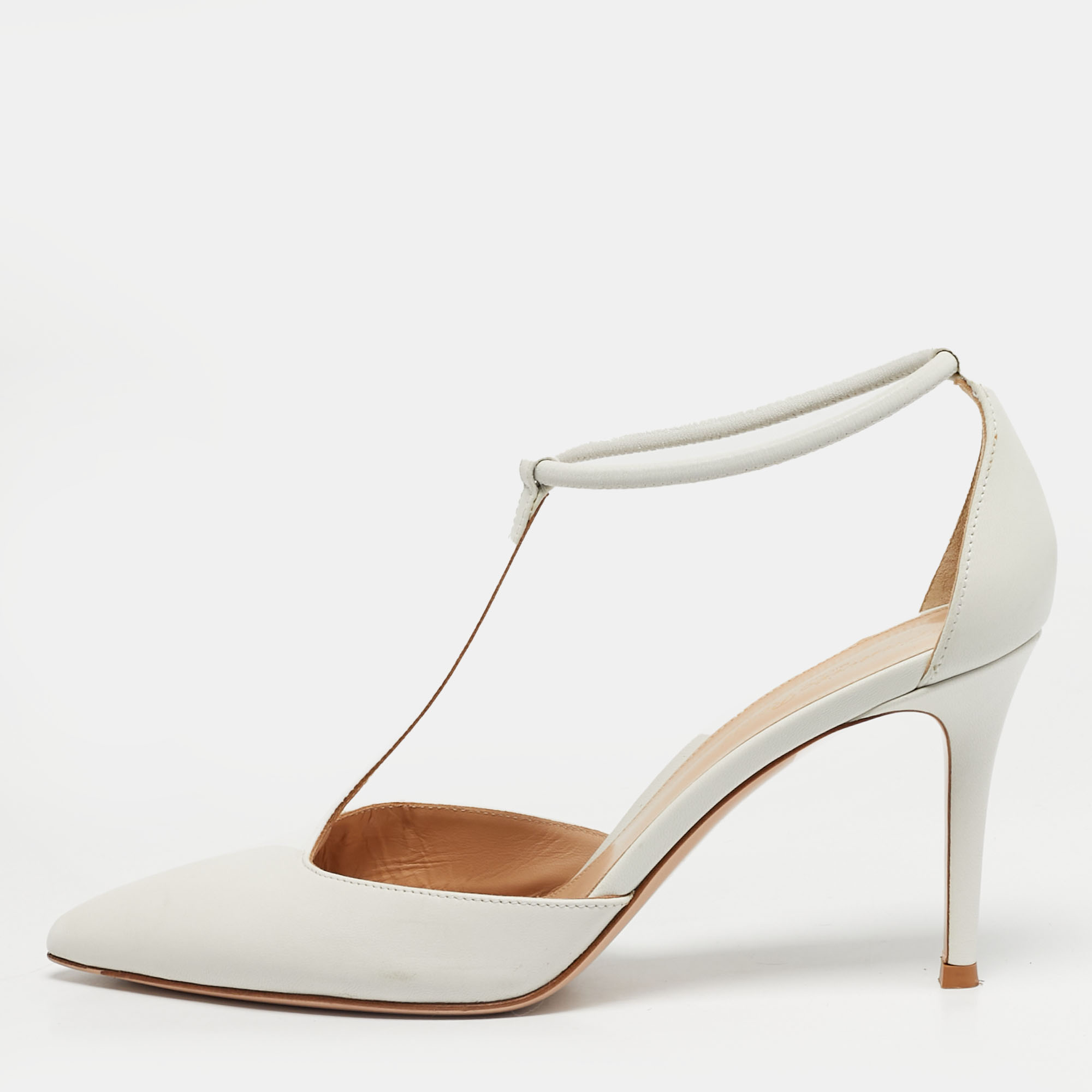Pre-owned Gianvito Rossi White Leather Pointed Toe Ankle Strap Pumps Size 38