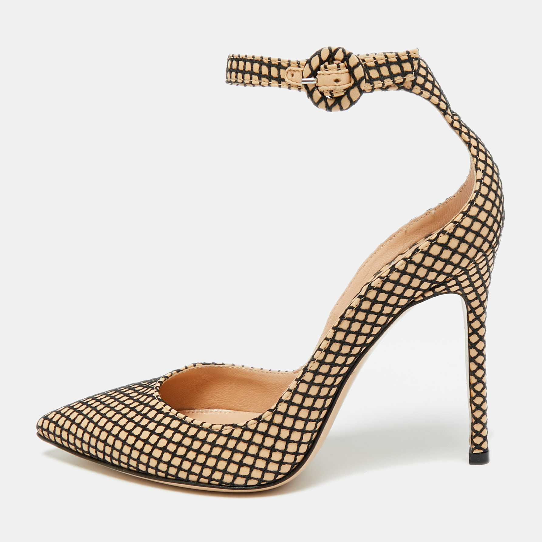 GIANVITO ROSSI Pre-owned Beige/black Leather Fishnet Ankle Strap Pumps Size 35.5 In Sand