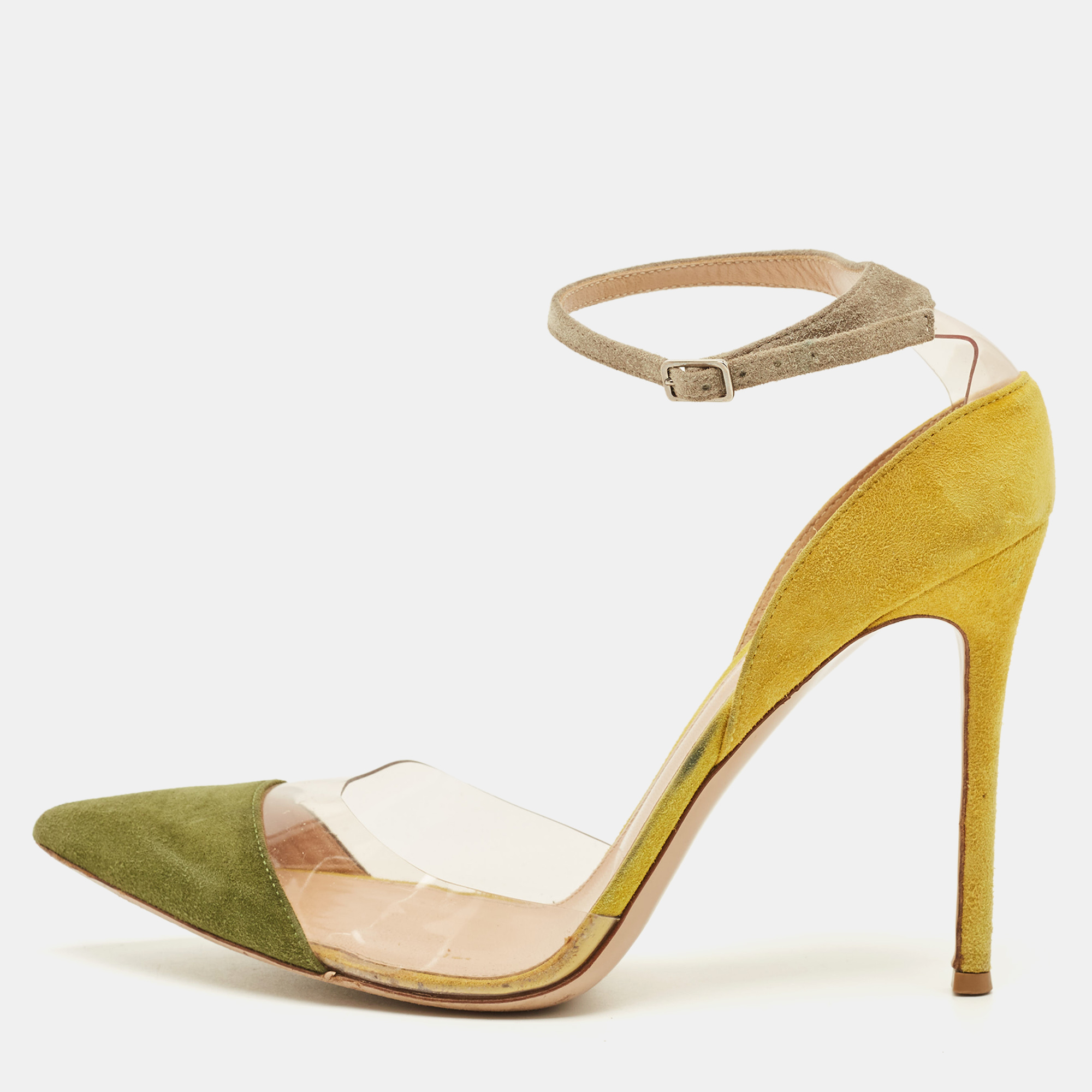 Pre-owned Gianvito Rossi Size 39.5 Olive Green/yellow Pvc And Suedeankle Strap Pumps