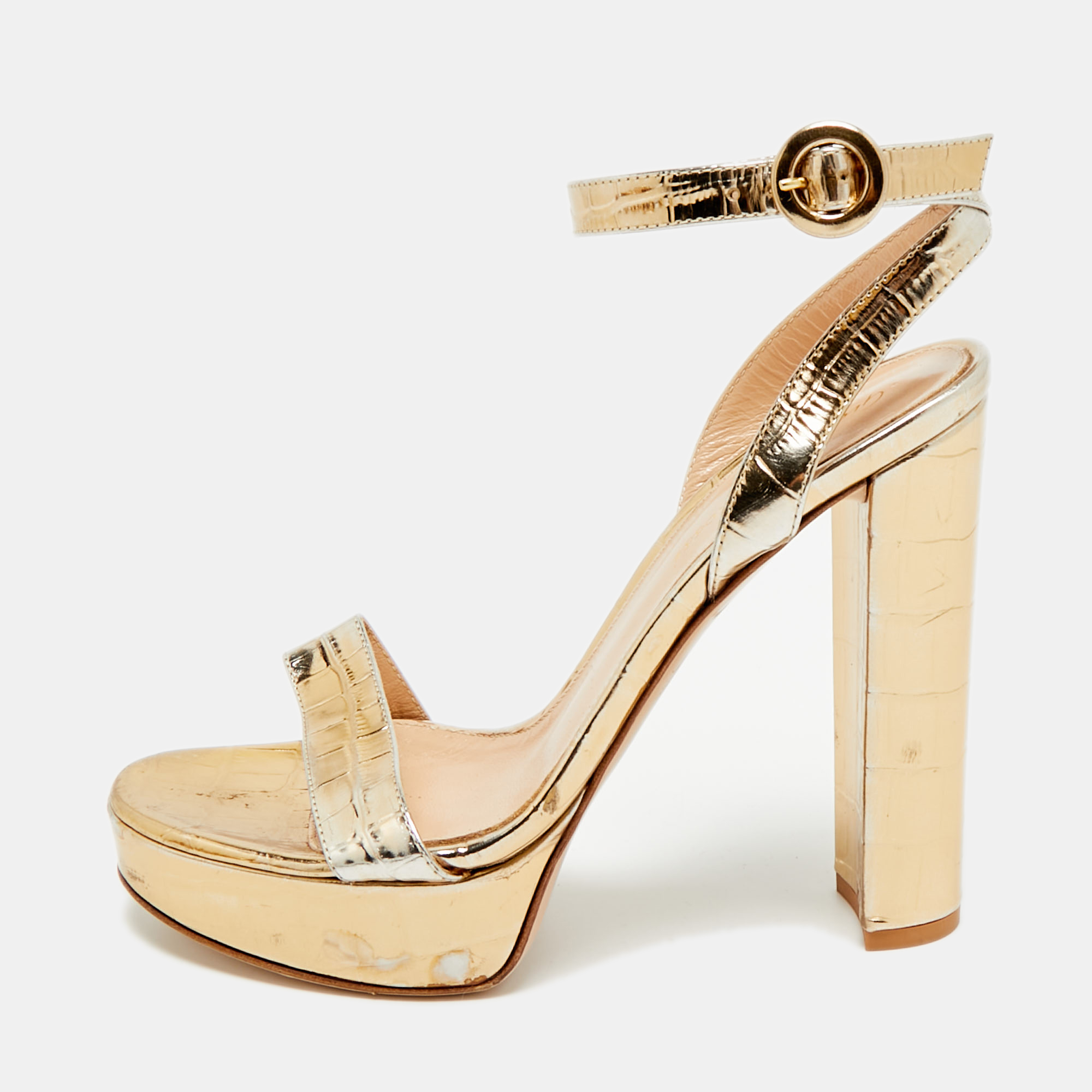 Click to view more detailed imagery on our partner's website Pre-owned Gianvito Rossi Portofino Size 36.5 Gold Croc Embossed Leather Ankle Strap Sandals