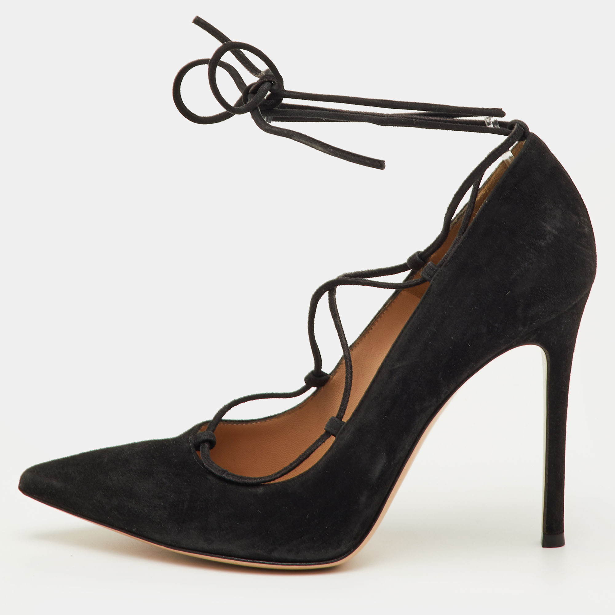 Pre-owned Gianvito Rossi Femi Size 38 Black Suede Lace Up Pointed Toe Pumps