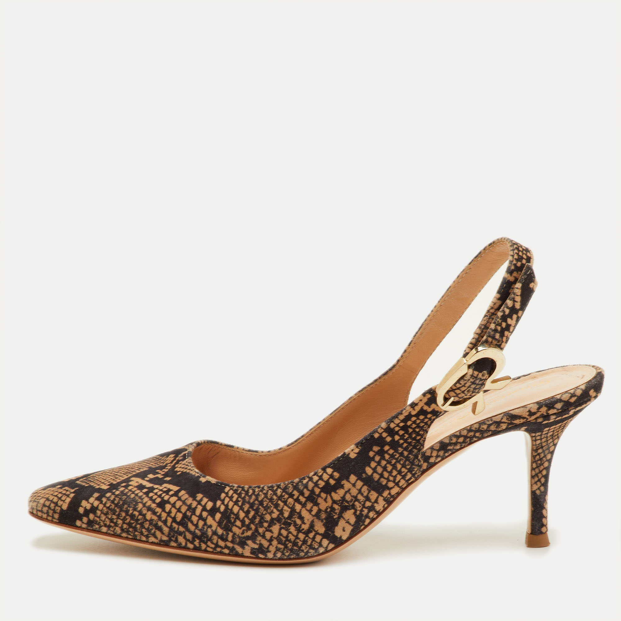 Pre-owned Gianvito Rossi Size 37 Black/beige Python Print Suede Slingback Pumps
