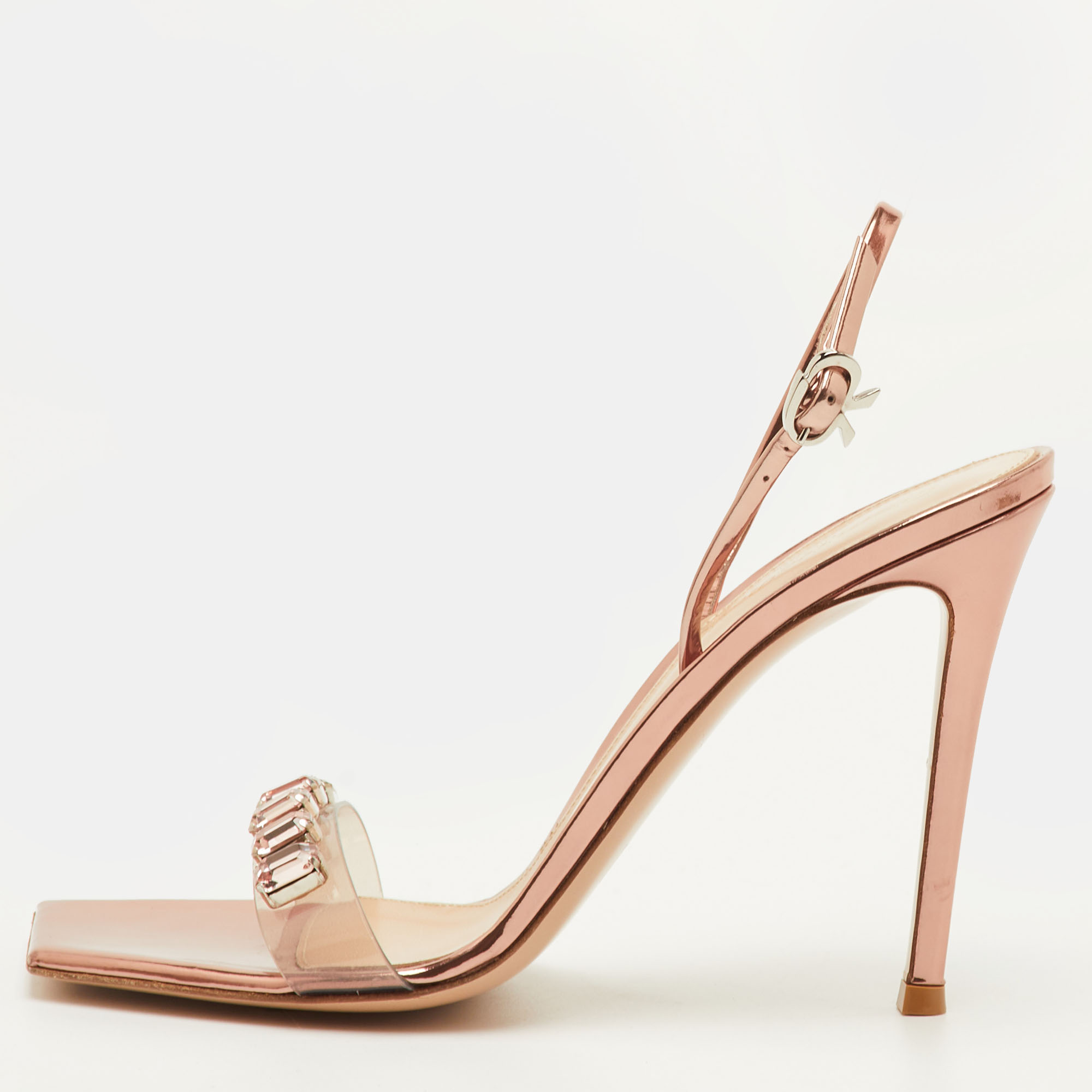 

Gianvito Rossi Ribbon Size  Transparent/Rose Gold Patent Leather and PVC Slingback Sandals