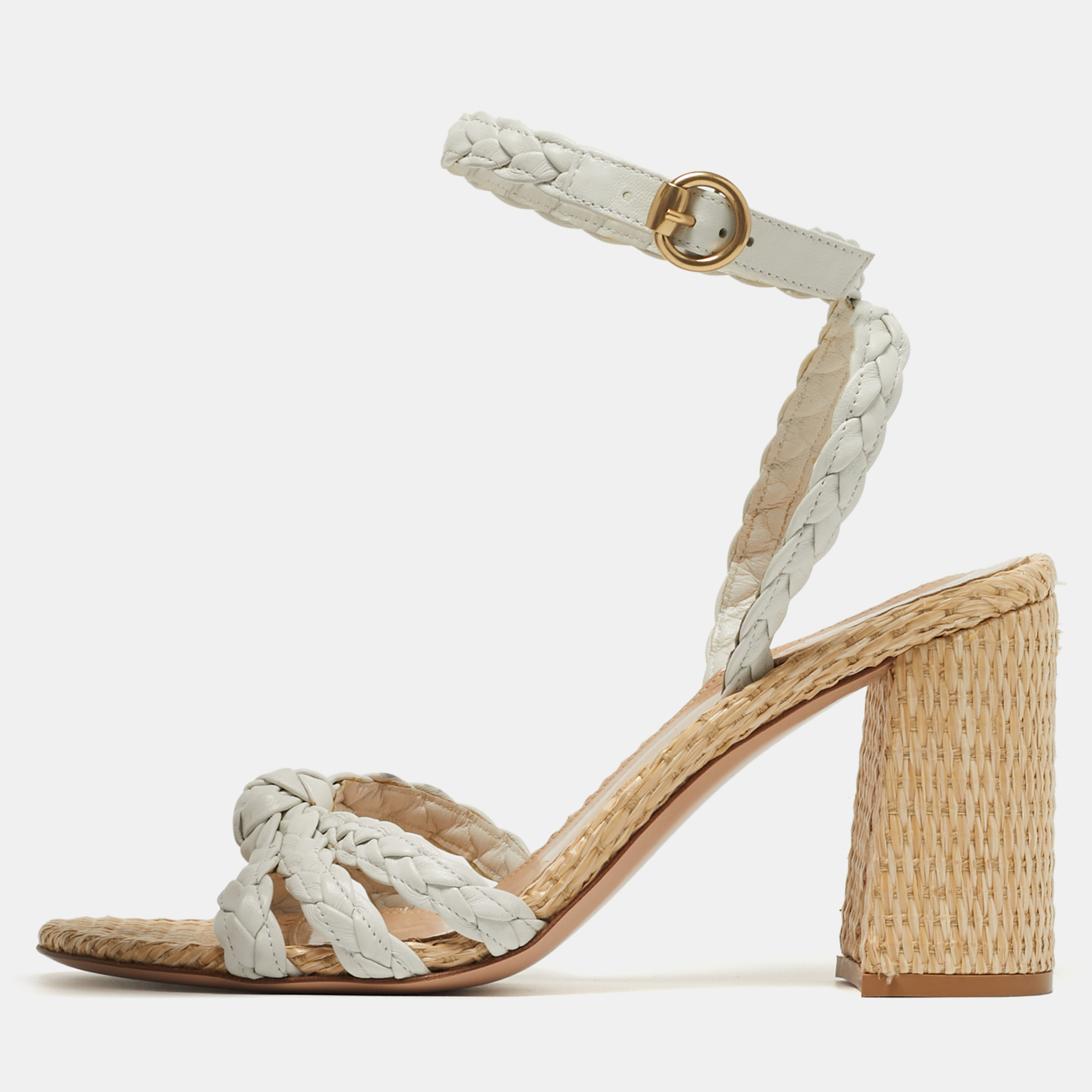 

Gianvito Rossi Size  White Woven Leather Ankle Strap Block Heel Sandals