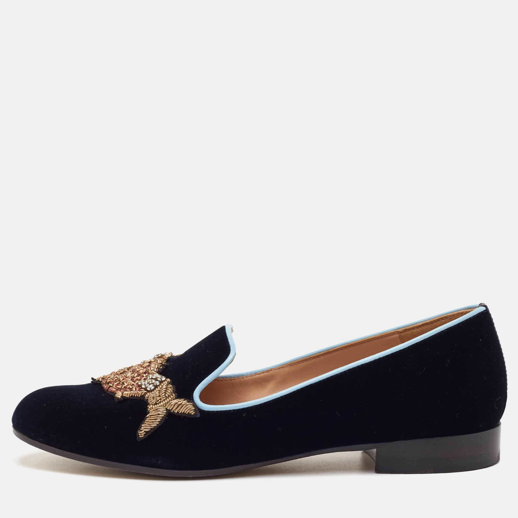 

Gianvito Rossi x Mary Katrantzou Size  Navy Blue Velvet Fish Embroidered Slip On Loafers